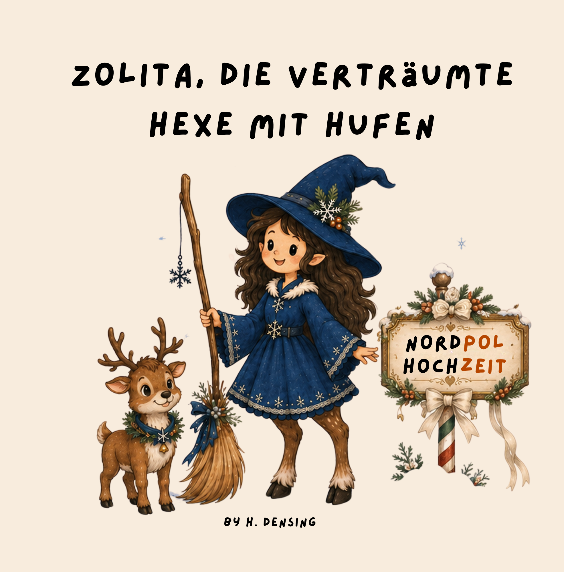 Kinderbuchcover von einer verträumten Hexe mit Hufen bei einer Nordpol Hochzeit