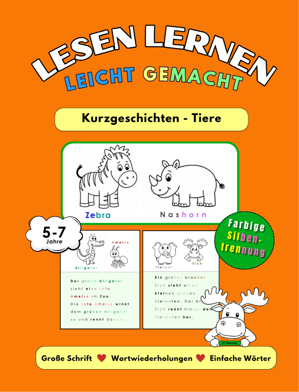 Deutsches Buchcover für Leseübungen mit farbigen Silben, Tier-Kurzgeschichten und Ausschneideaufgaben für Kinder