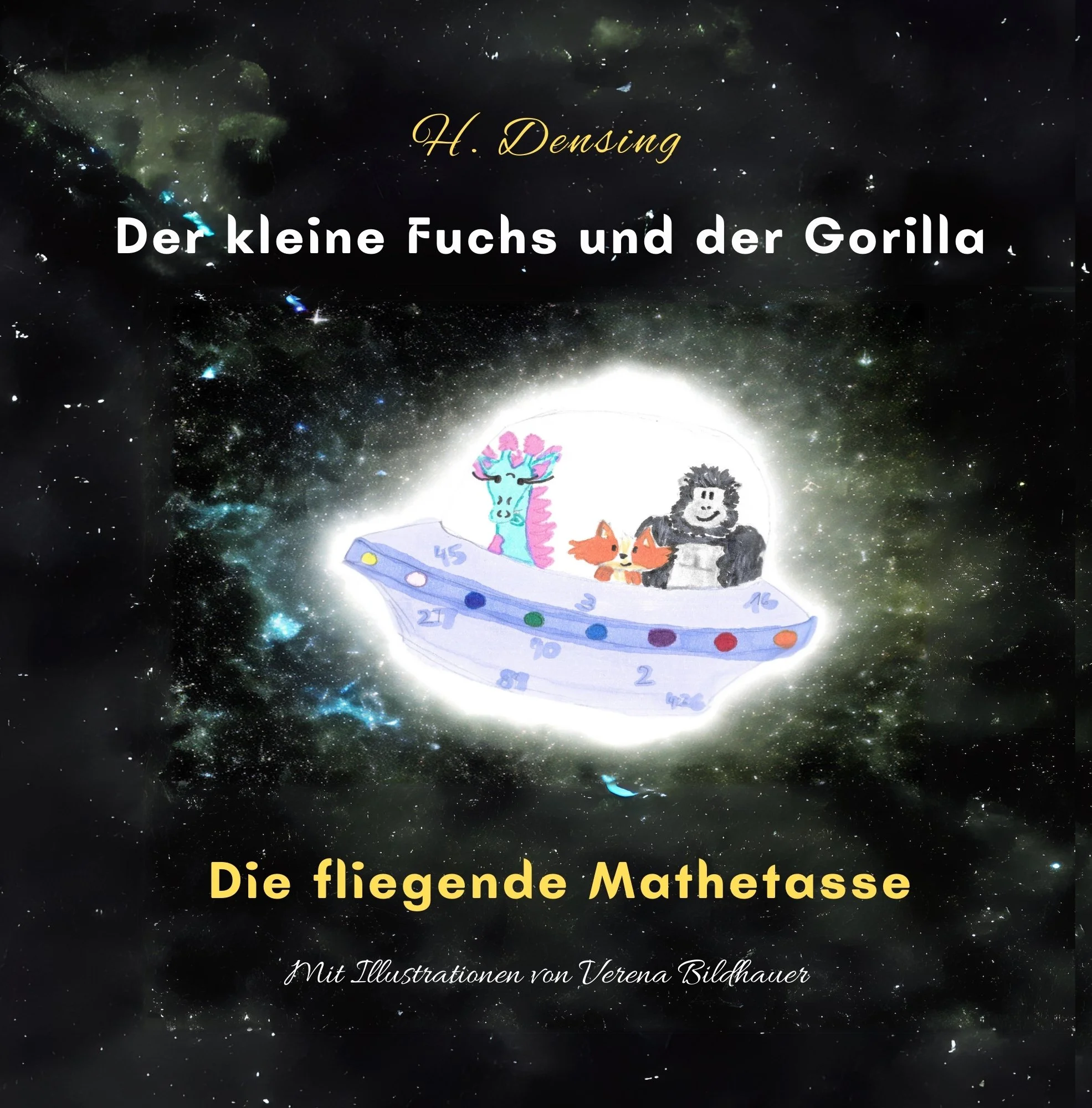 Kinderbuchcover mit kleinem Fuchs, Gorilla und fliegender Mathetasse