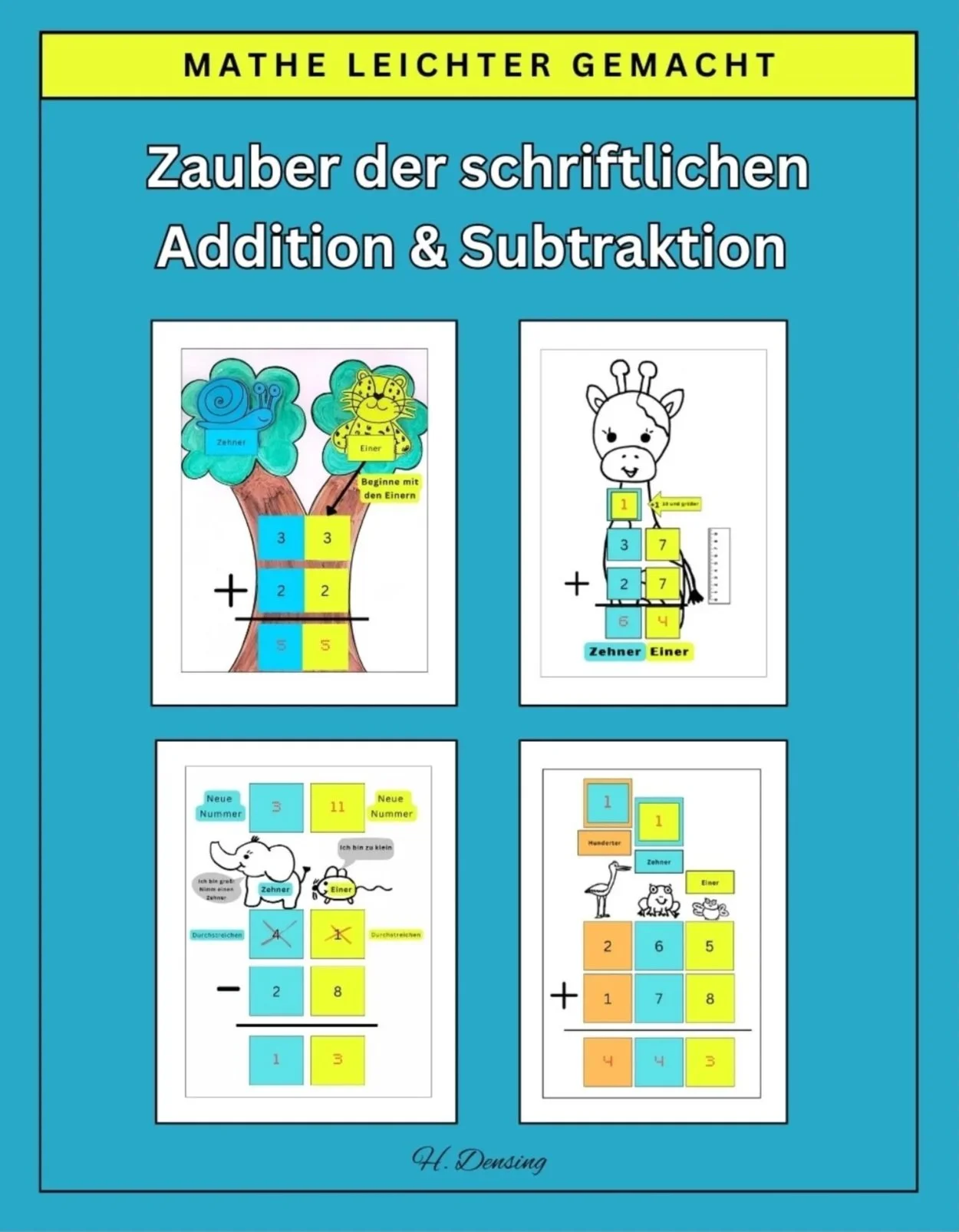 Buchcover für ein Mathe-Arbeitsheft mit visueller Unterstützung für Kinder