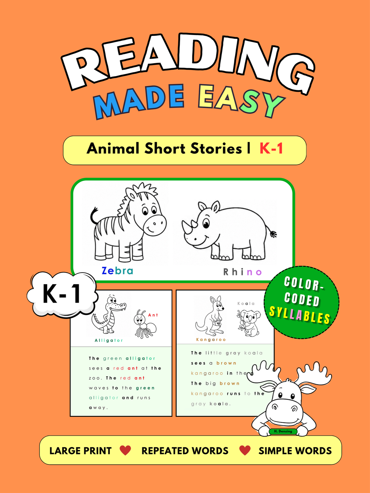 Reading Made Easy workbook with colored syllables, repeated words, and cut-out reading activities