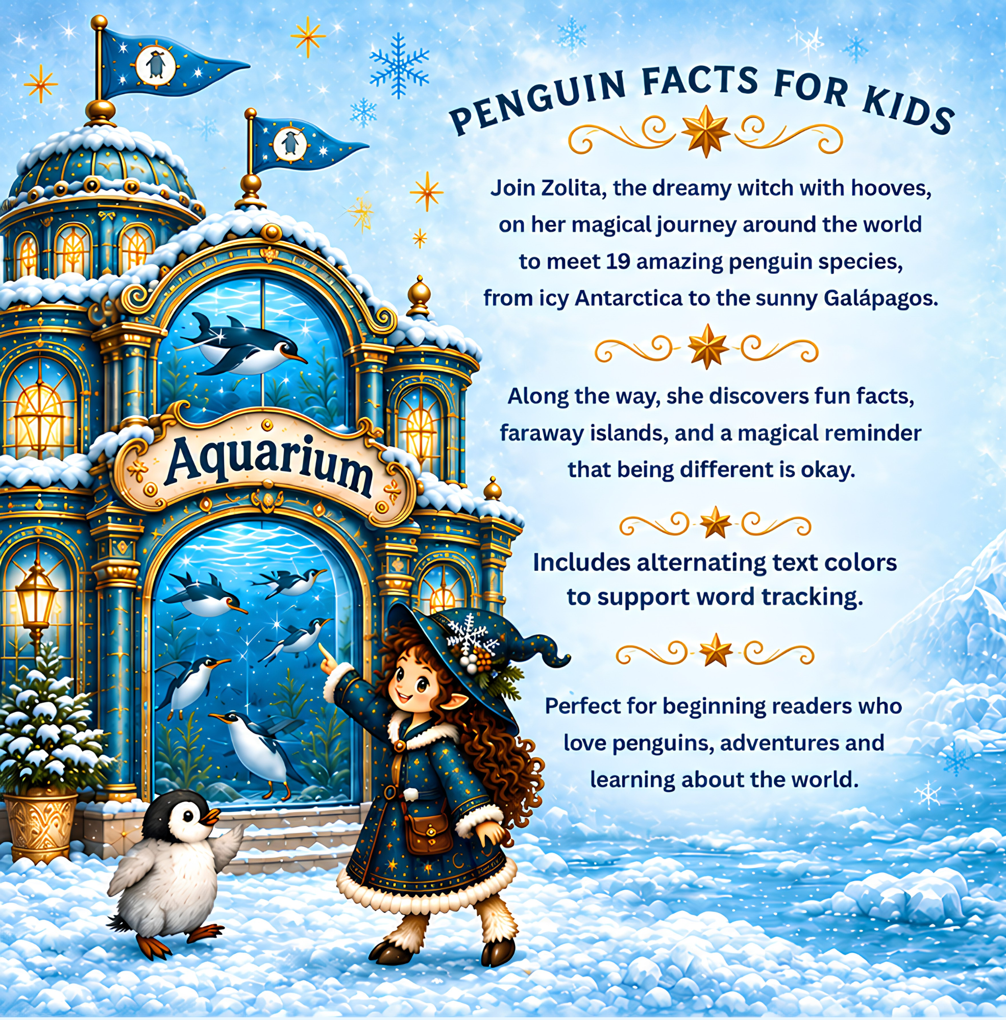 Back cover of Zolita, the Dreamy Witch With Hooves: Meets the Penguins of the World, featuring the book description, penguin illustrations, and details about the magical educational adventure.