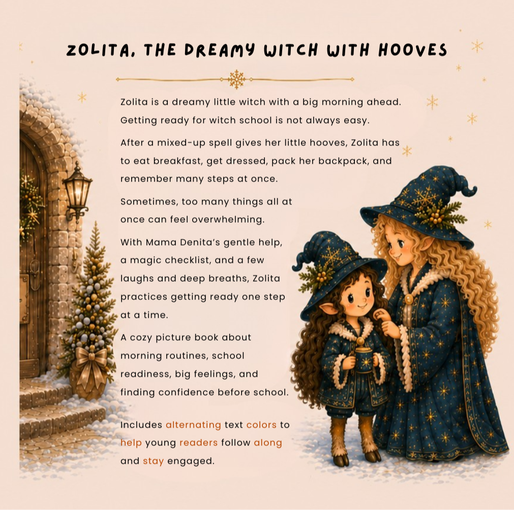 Back cover of Zolita — Getting Ready for School, a children’s picture book about morning routines, getting ready for school, and building confidence step by step.