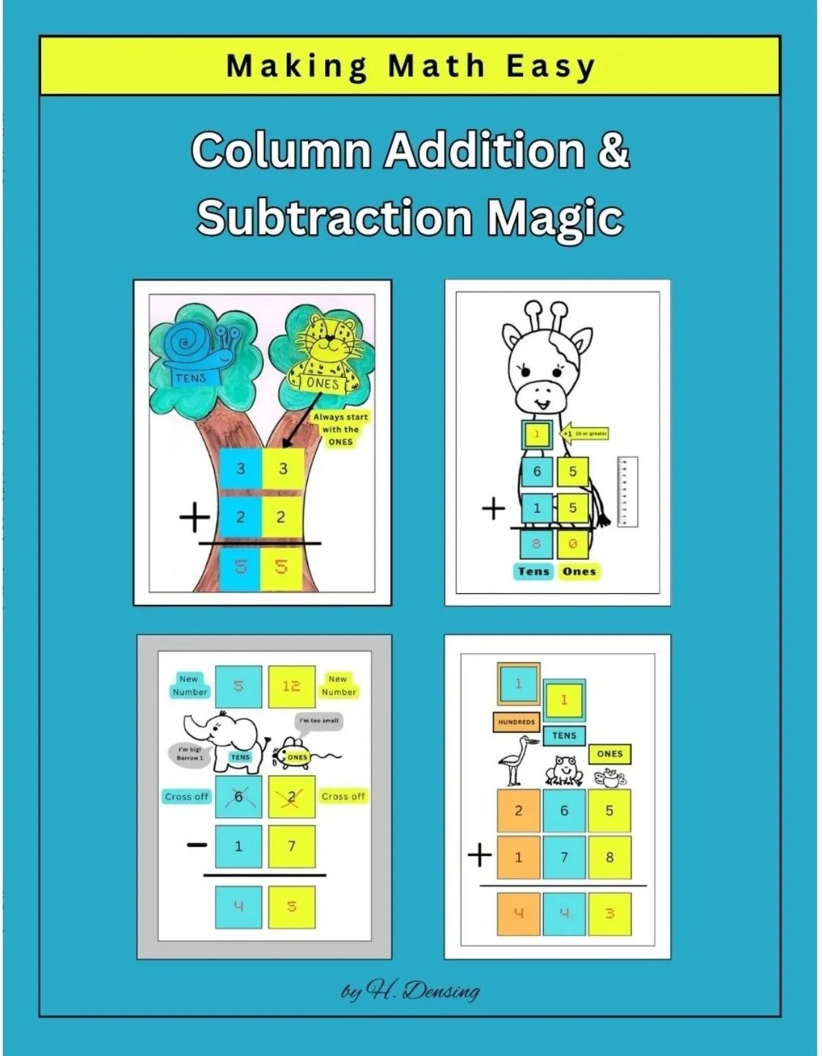 Math workbook cover for kids featuring addition and subtraction practice with regrouping to build foundational math skills