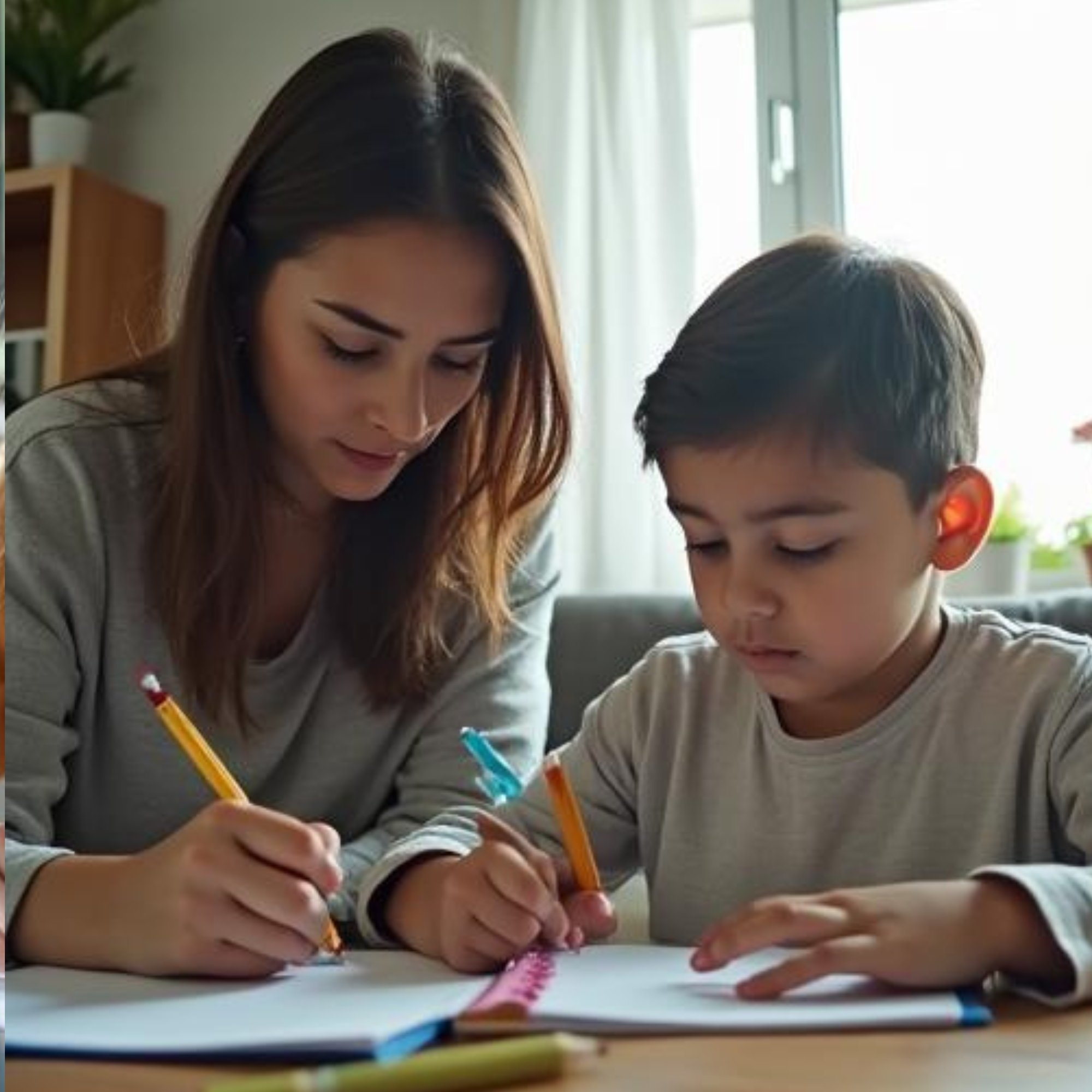 Mutter unterstützt ihr Kind beim Lernen bei Konzentrationsproblemen oder ADHS