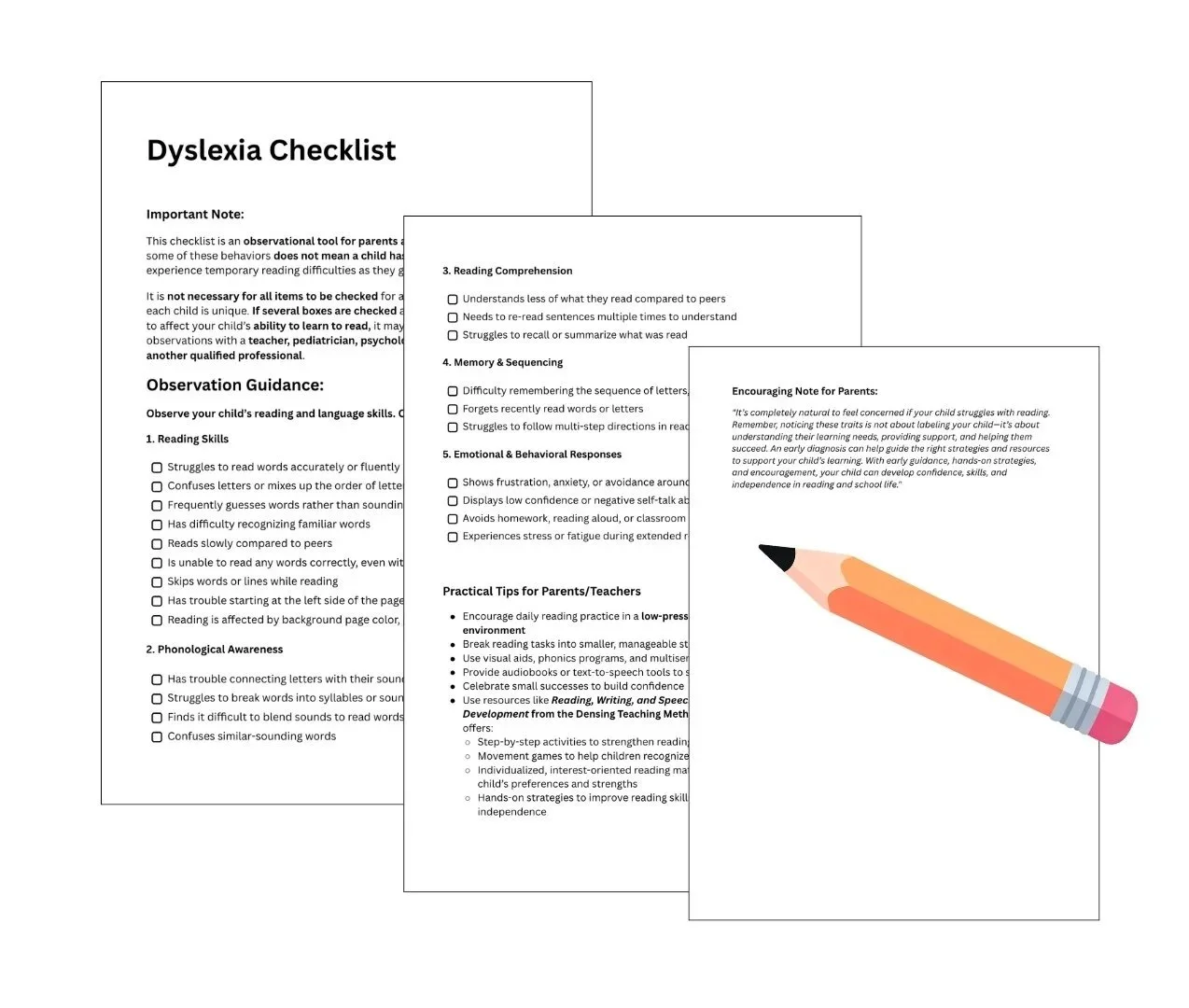 Dyslexia checklist for children showing common reading and spelling difficulties such as trouble sounding out words and recognizing letters