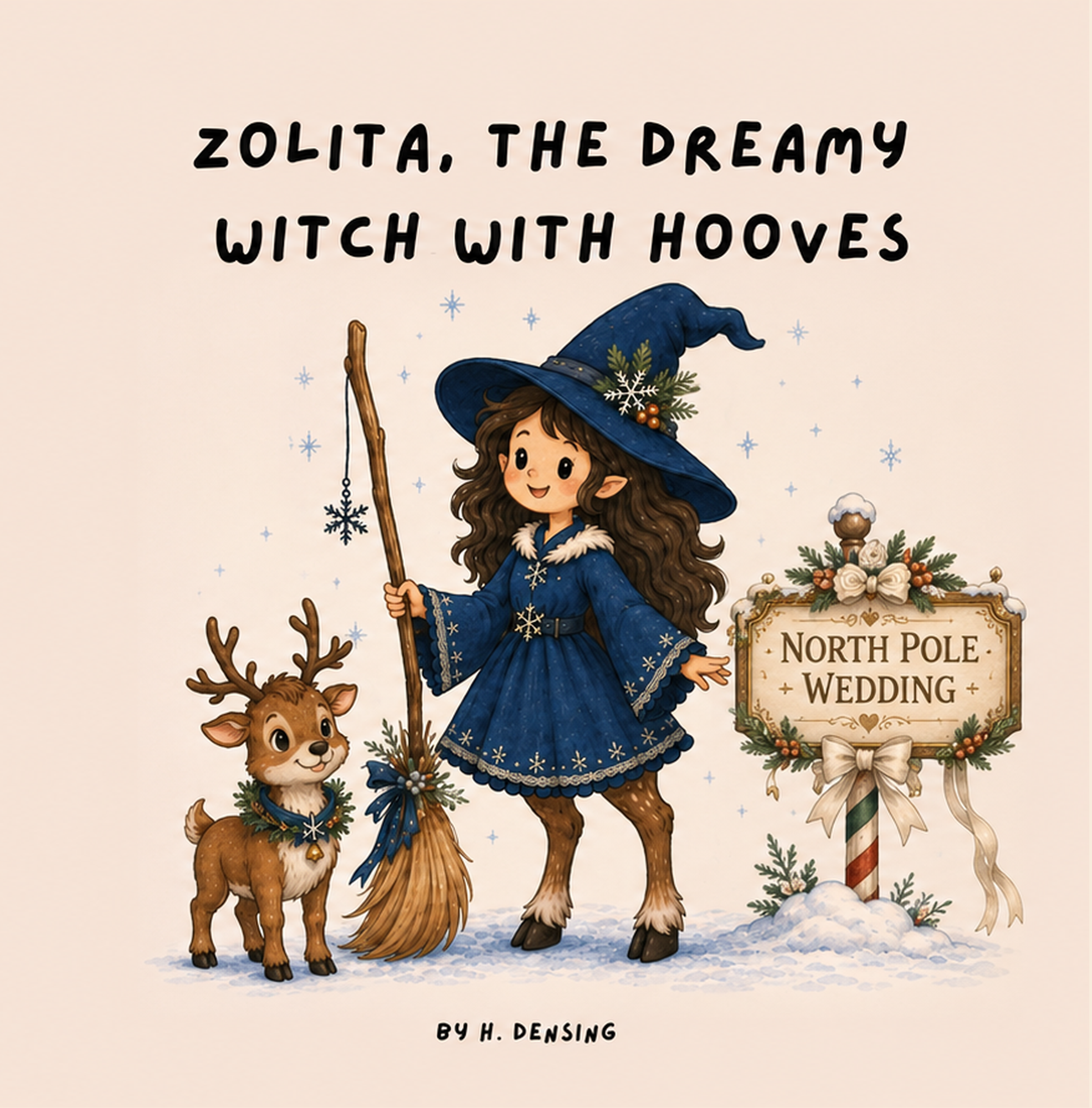 Zolita the dreamy witch with hooves at a magical North Pole wedding in a whimsical children's book illustration.