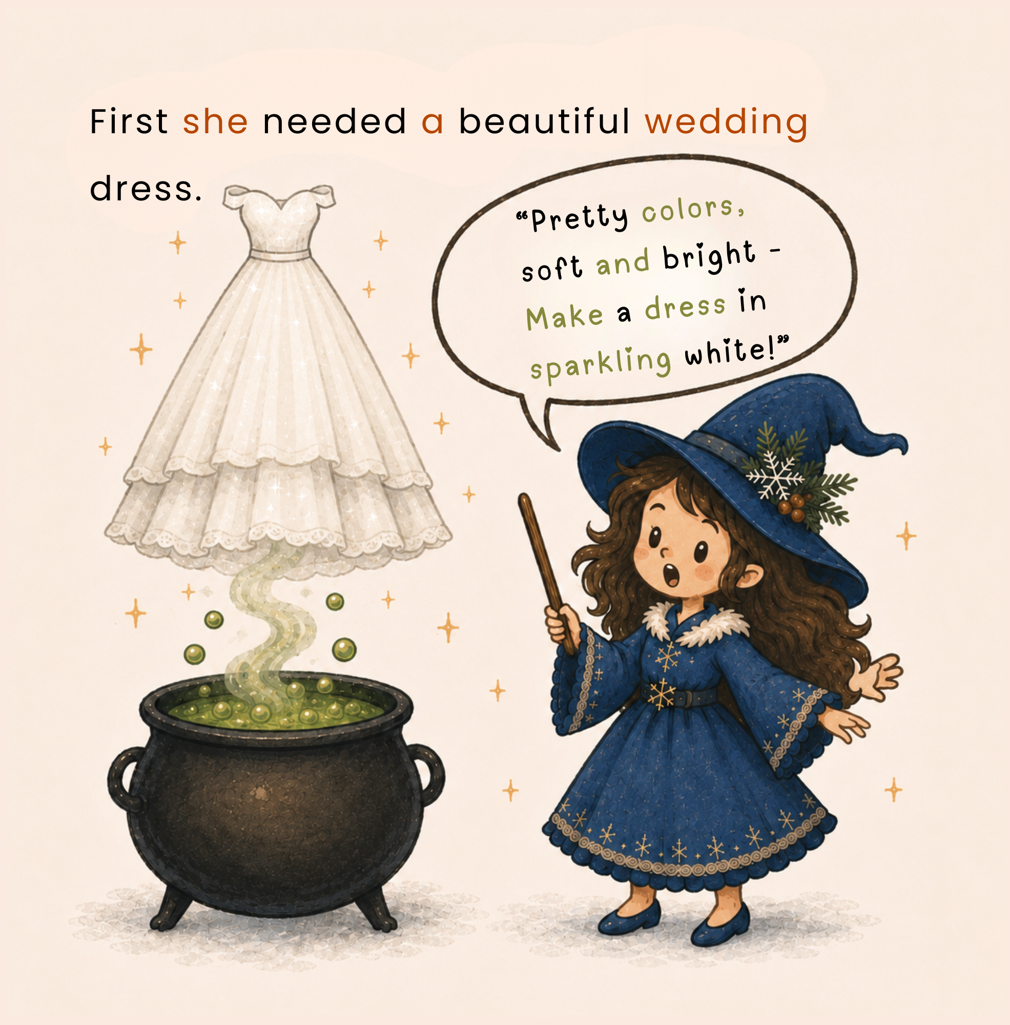 Children’s picture book illustration of a little witch using a magic pot to make a sparkling wedding dress for her magical wedding adventure.