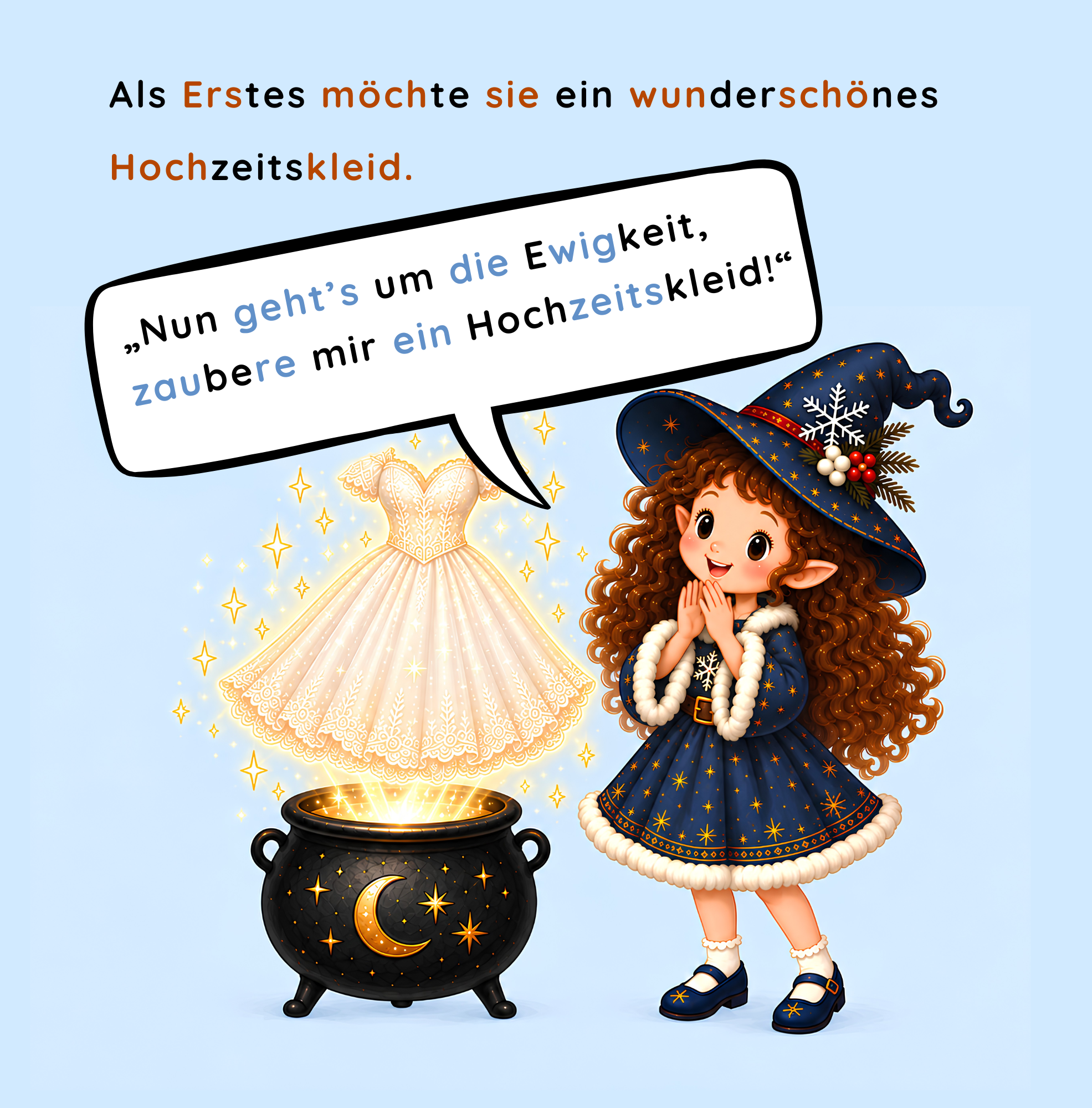 Kleine Hexe zaubert ein Hochzeitskleid in einem fantasievollen Kinderbuch