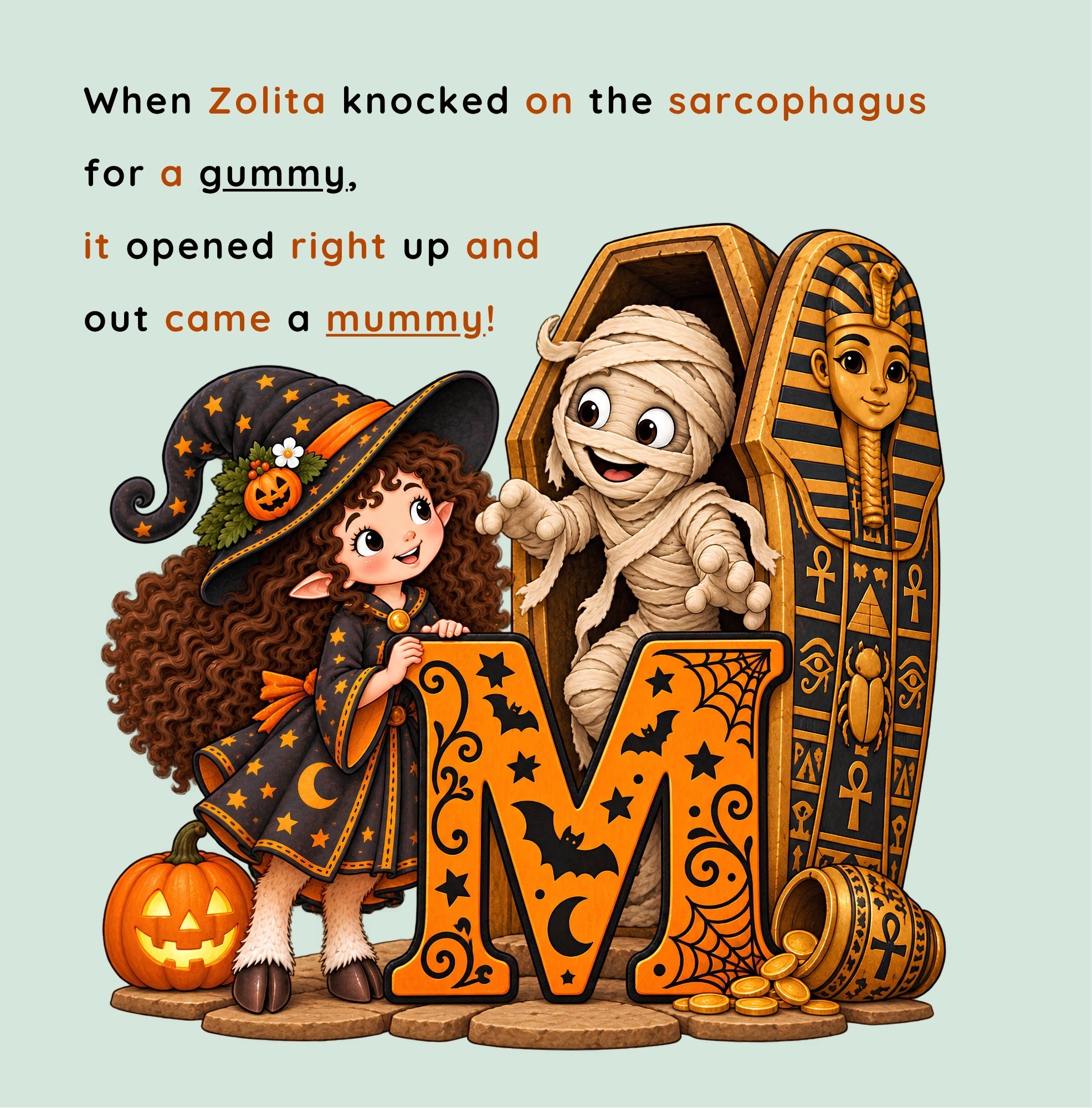 A page from the Halloween Creatures from A-Z book showing Zolita with a mummy