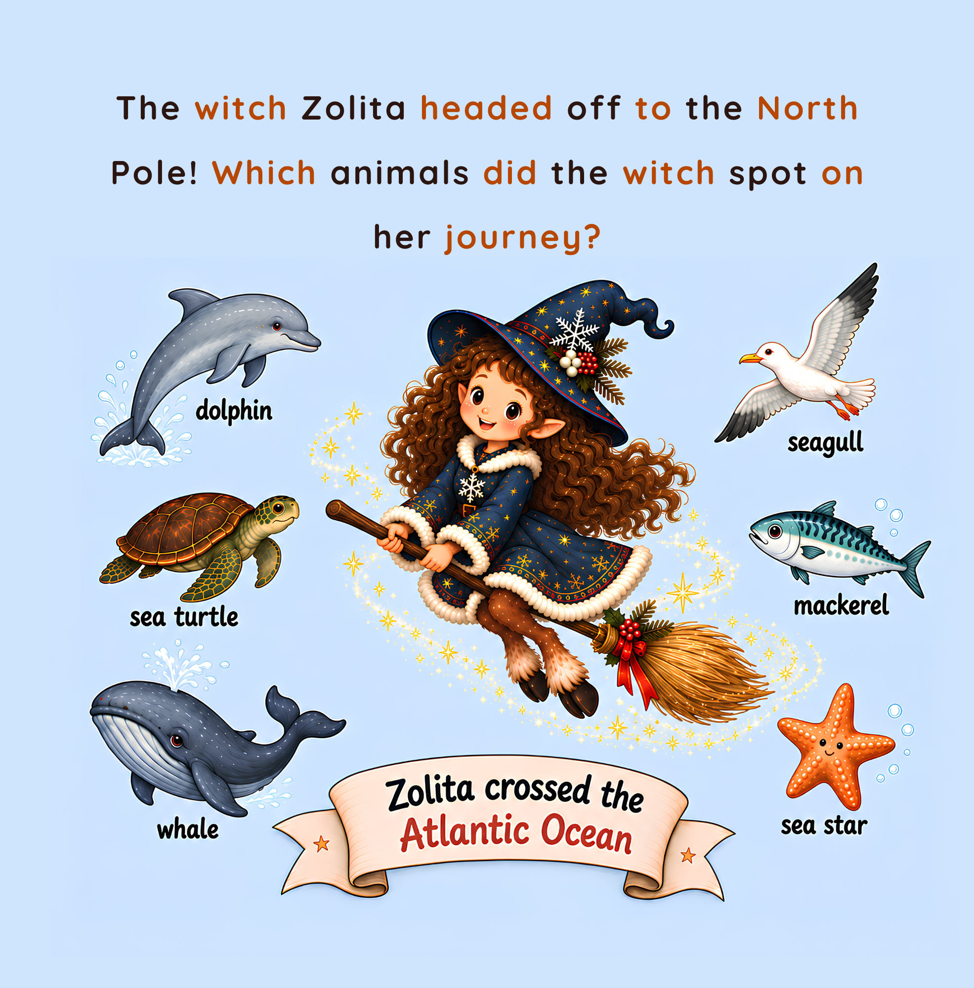 Zolita flies over the Atlantic Ocean with sea animals below, including dolphins, whales, sea turtles, fish, and seagulls.