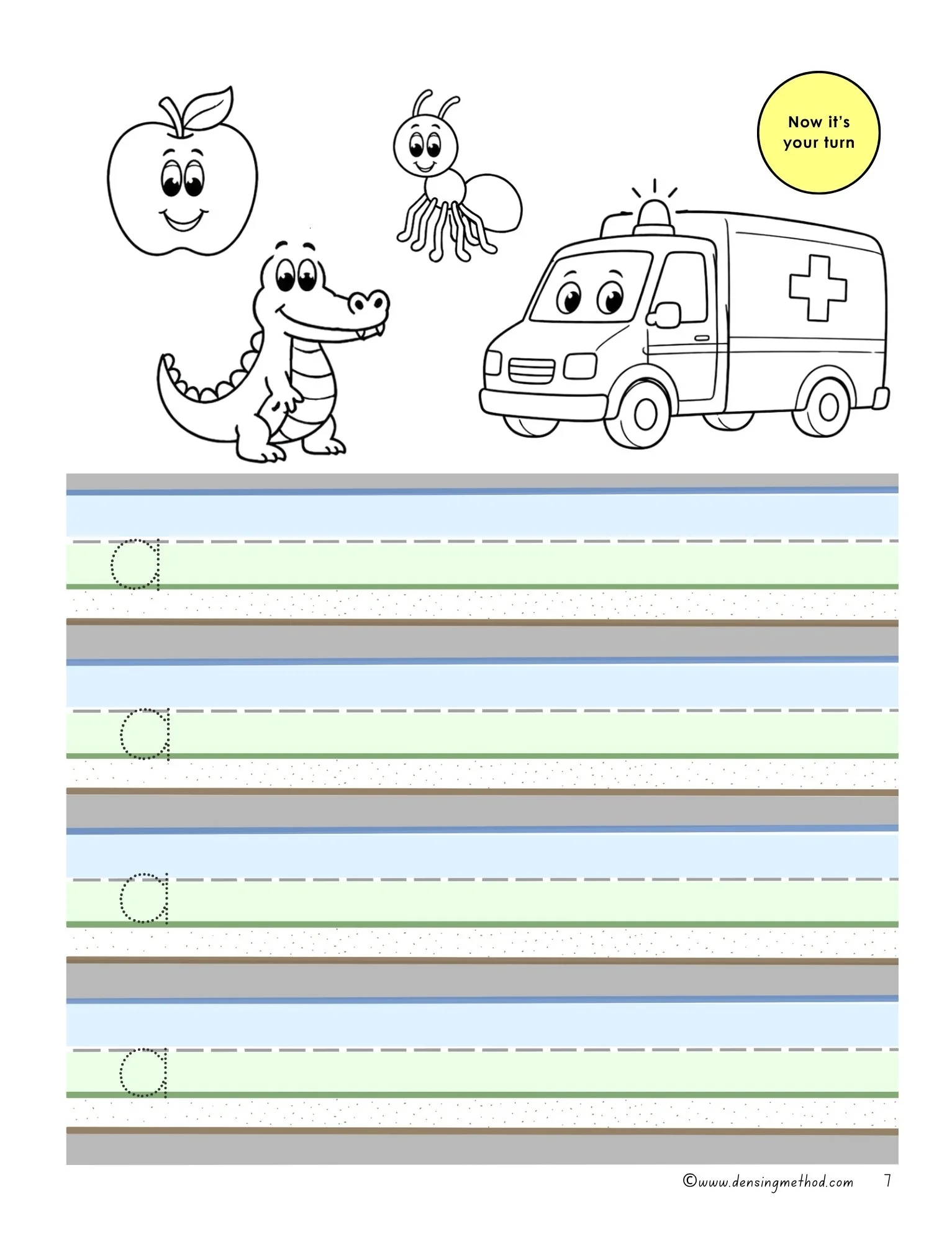 This page focuses on beginning letter sounds for the letter A, where children independently write words that match the pictures and color them to reinforce phonics and early writing skills. Each double page from A–Z follows the same structured practi