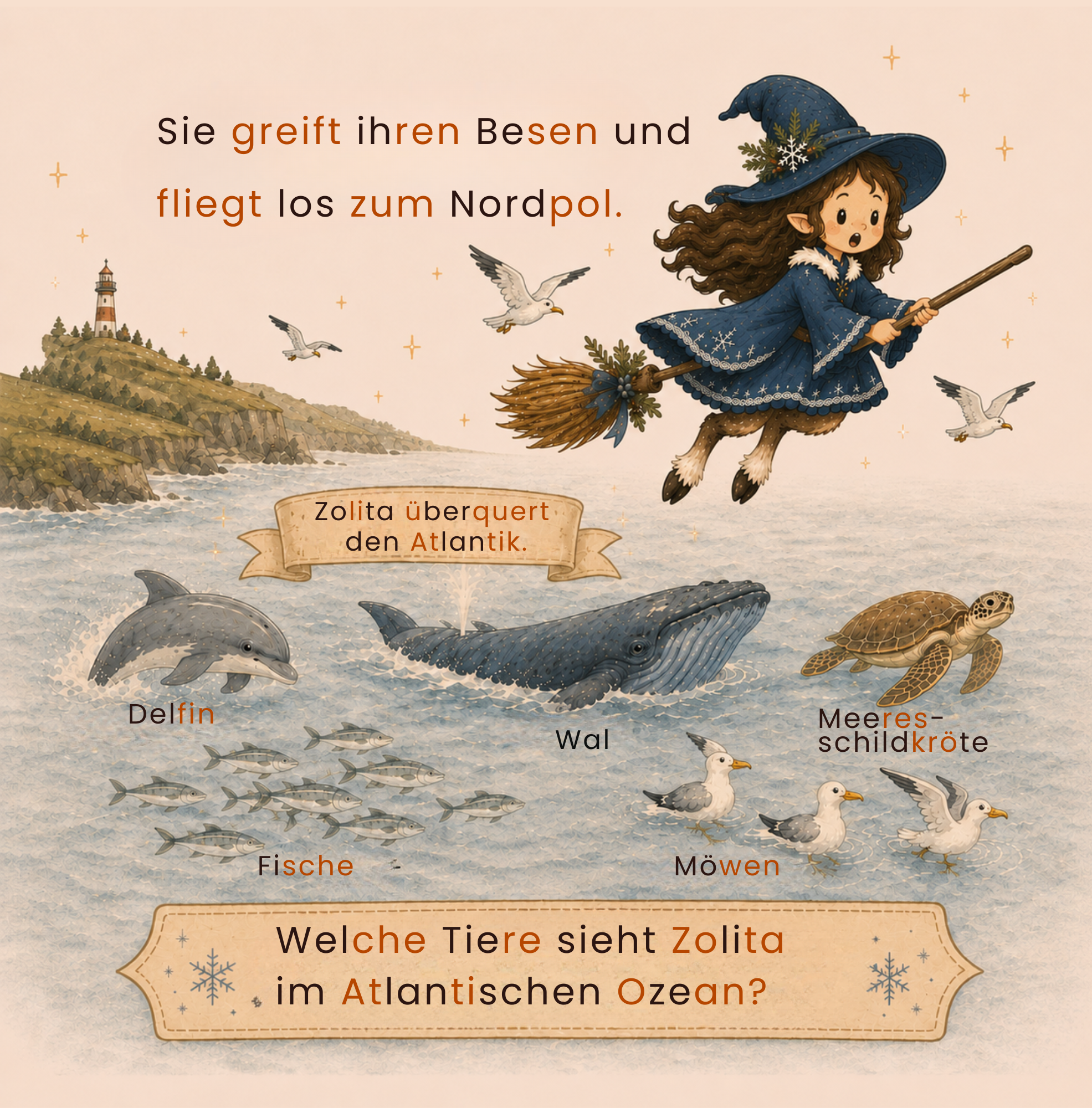 Kleine Hexe fliegt über den Atlantik und Kinder entdecken Tiere im Meer