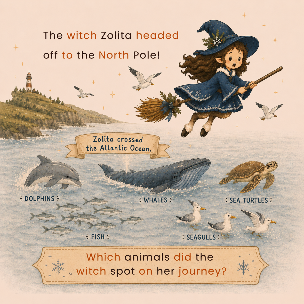 Zolita flies over the Atlantic Ocean with sea animals below, including dolphins, whales, sea turtles, fish, and seagulls.