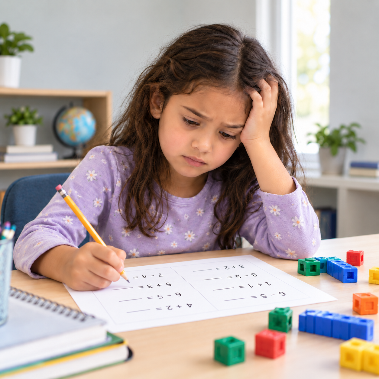 Kind sitzt mit einem Mathe-Arbeitsblatt am Tisch und hat Schwierigkeiten beim Rechnen