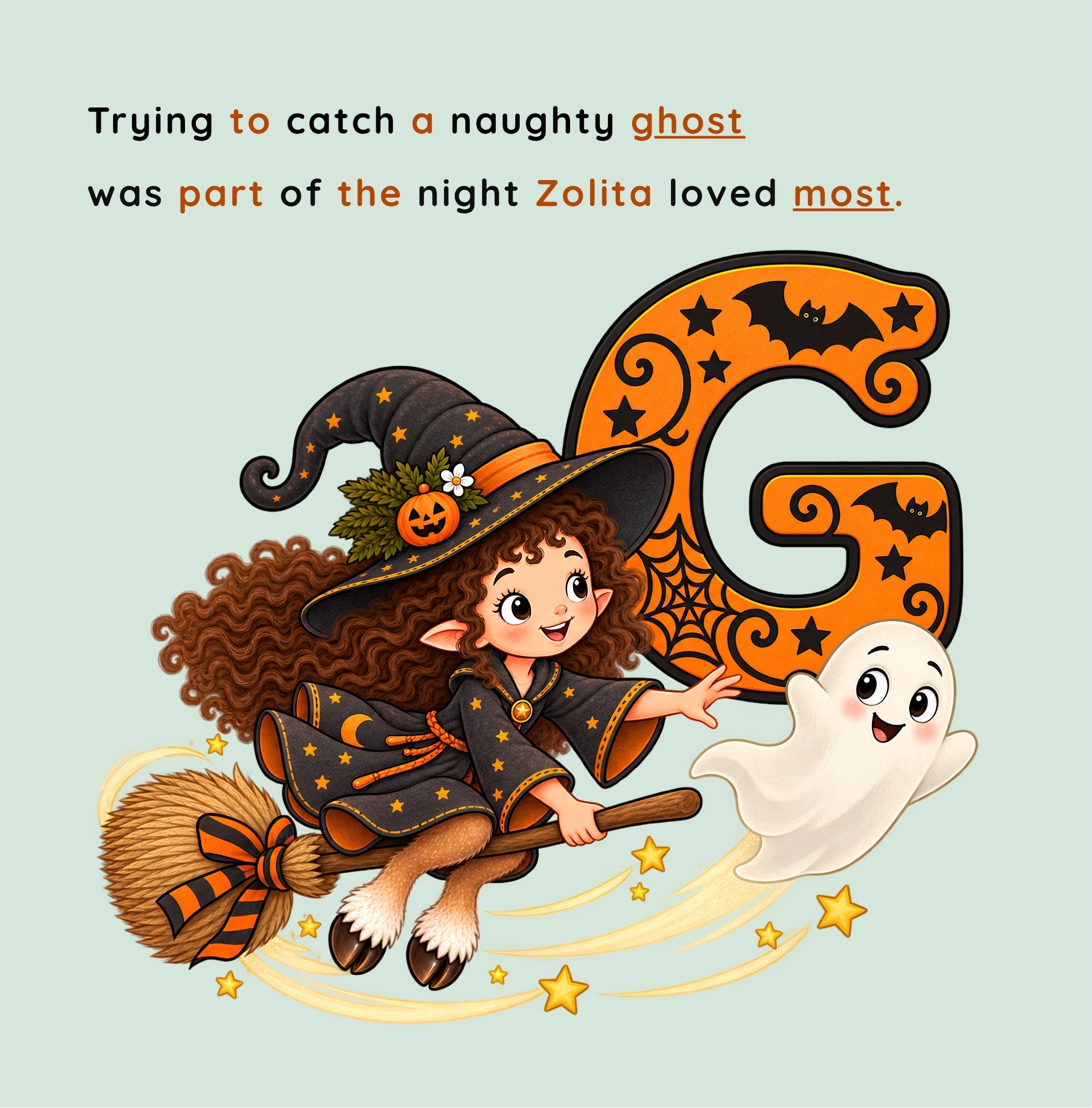 A page from the Halloween A-Z children's book showing the little witch Zolita chasing a ghost