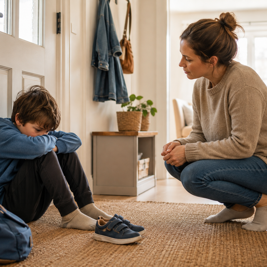 Child feeling overwhelmed by a daily task while a parent offers support