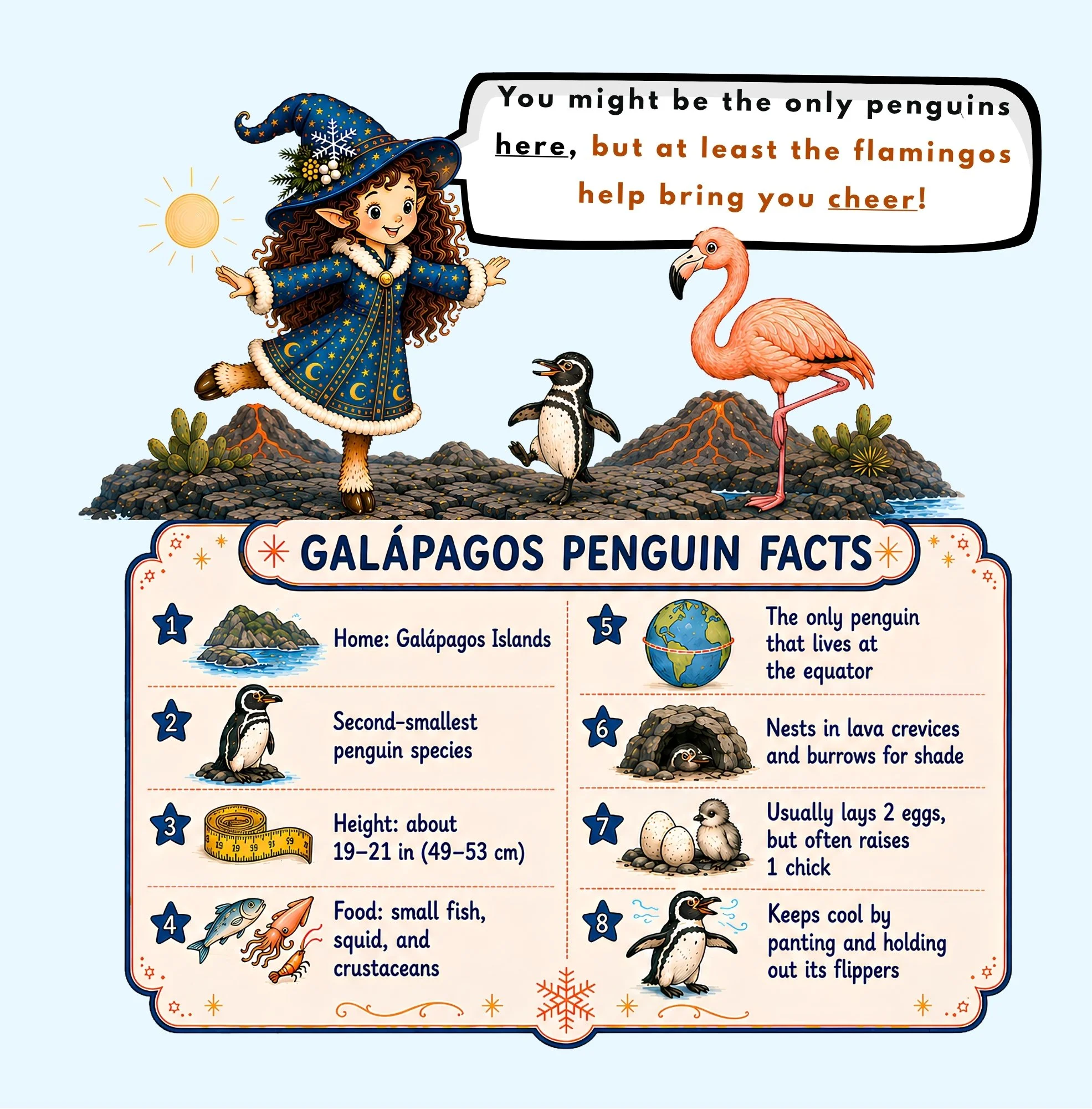 Zolita the little witch standing with a Galápagos penguin and flamingo above an illustrated fact sheet about the penguin’s island habitat, size, diet, nesting, eggs, and adaptations for living near the equator.
