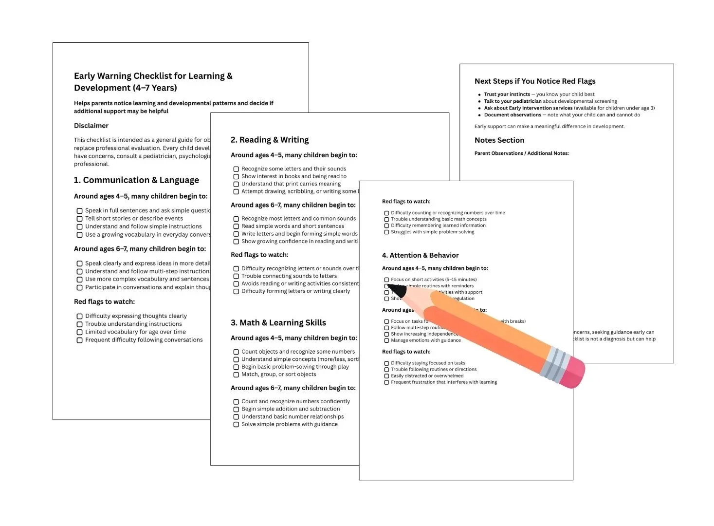 Developmental and academic checklist for children ages 4 to 7 – printable preview for parents