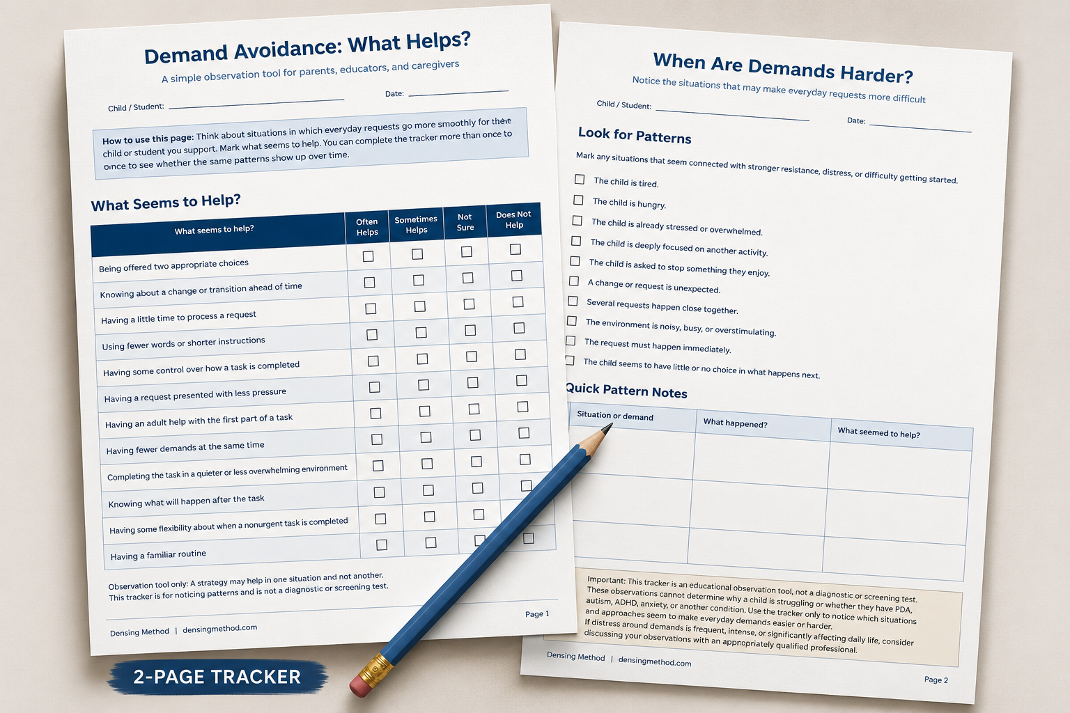 Preview of a printable demand avoidance pattern tracker for parents and educators