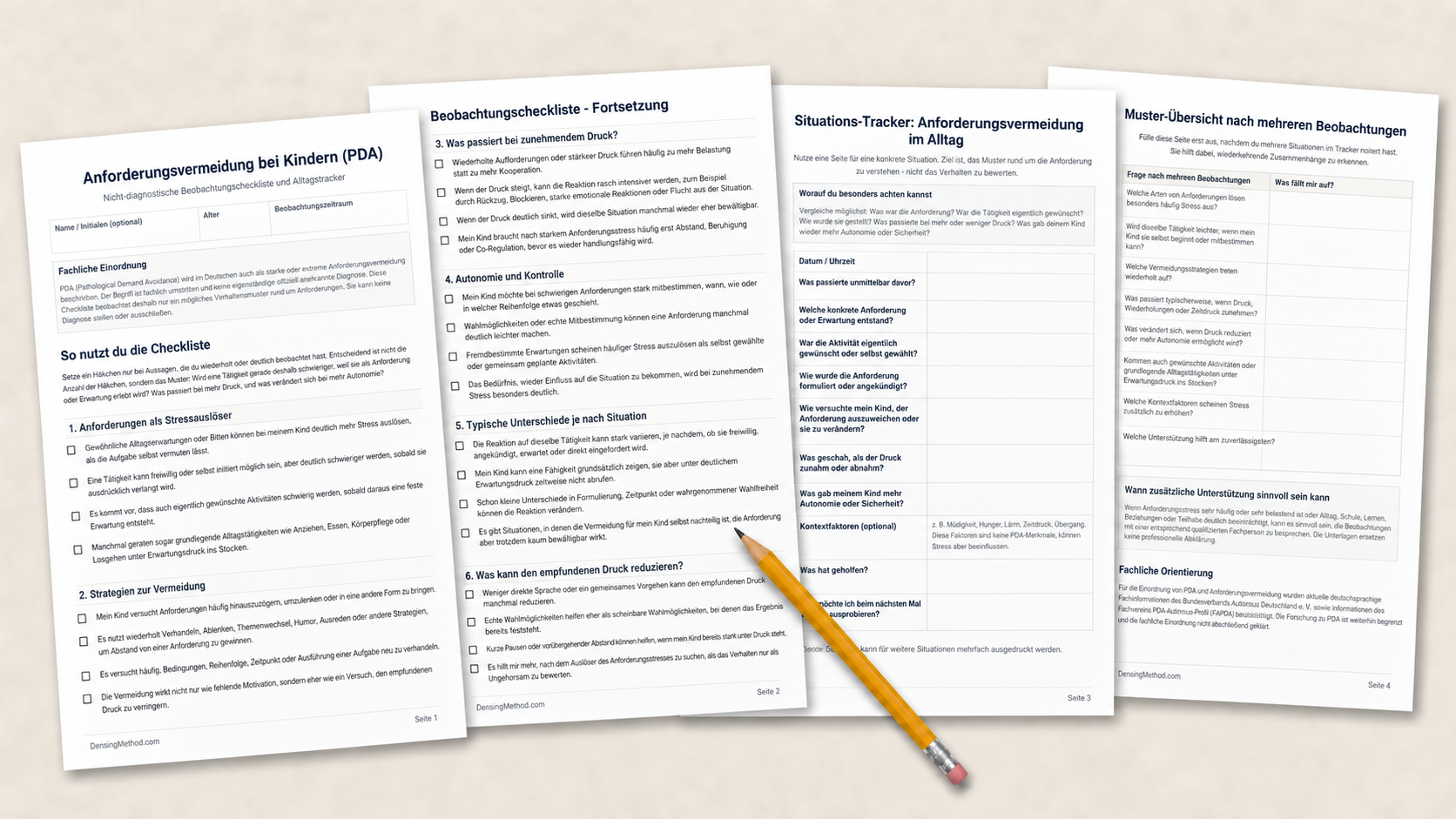Vorschau der kostenlosen Checkliste und des Beobachtungstrackers zur Anforderungsvermeidung bei Kindern.