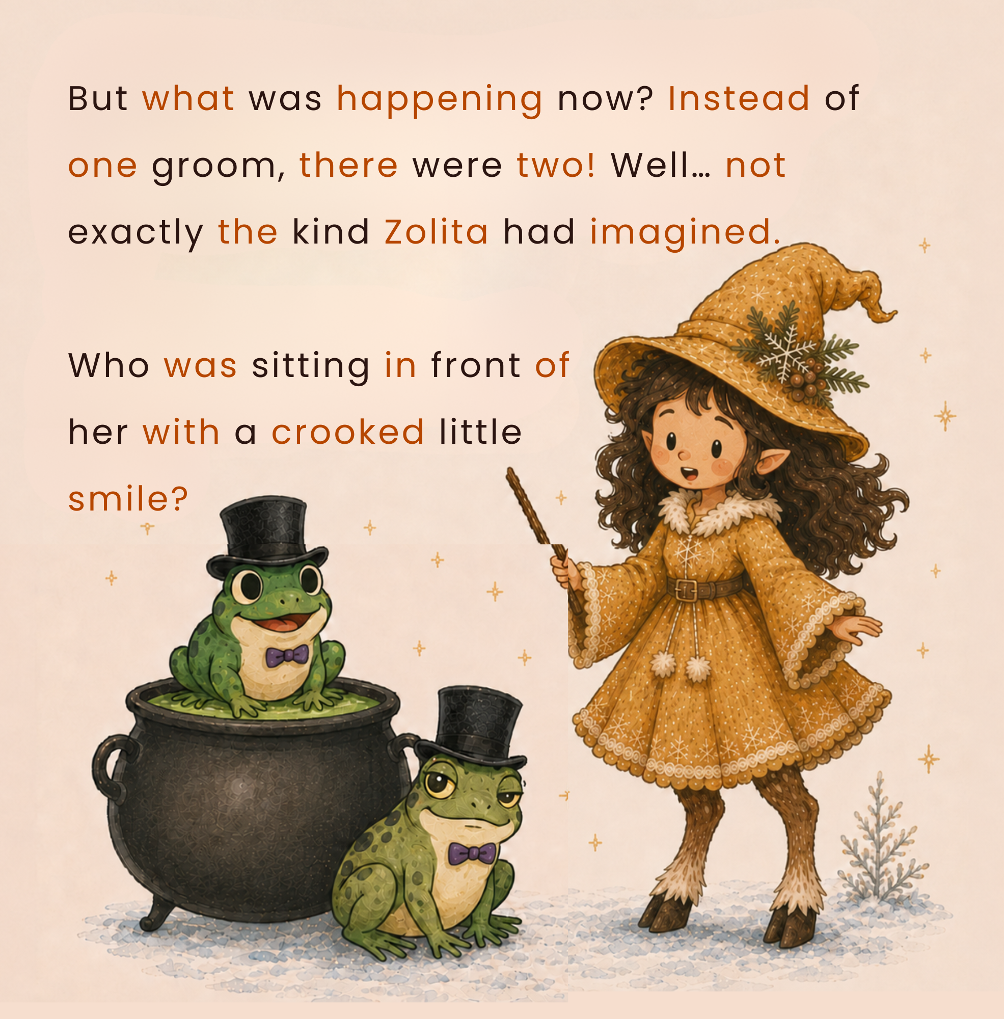 Children’s picture book illustration of Zolita, a little witch with hooves, surprised by two frogs during her whimsical magical wedding adventure.