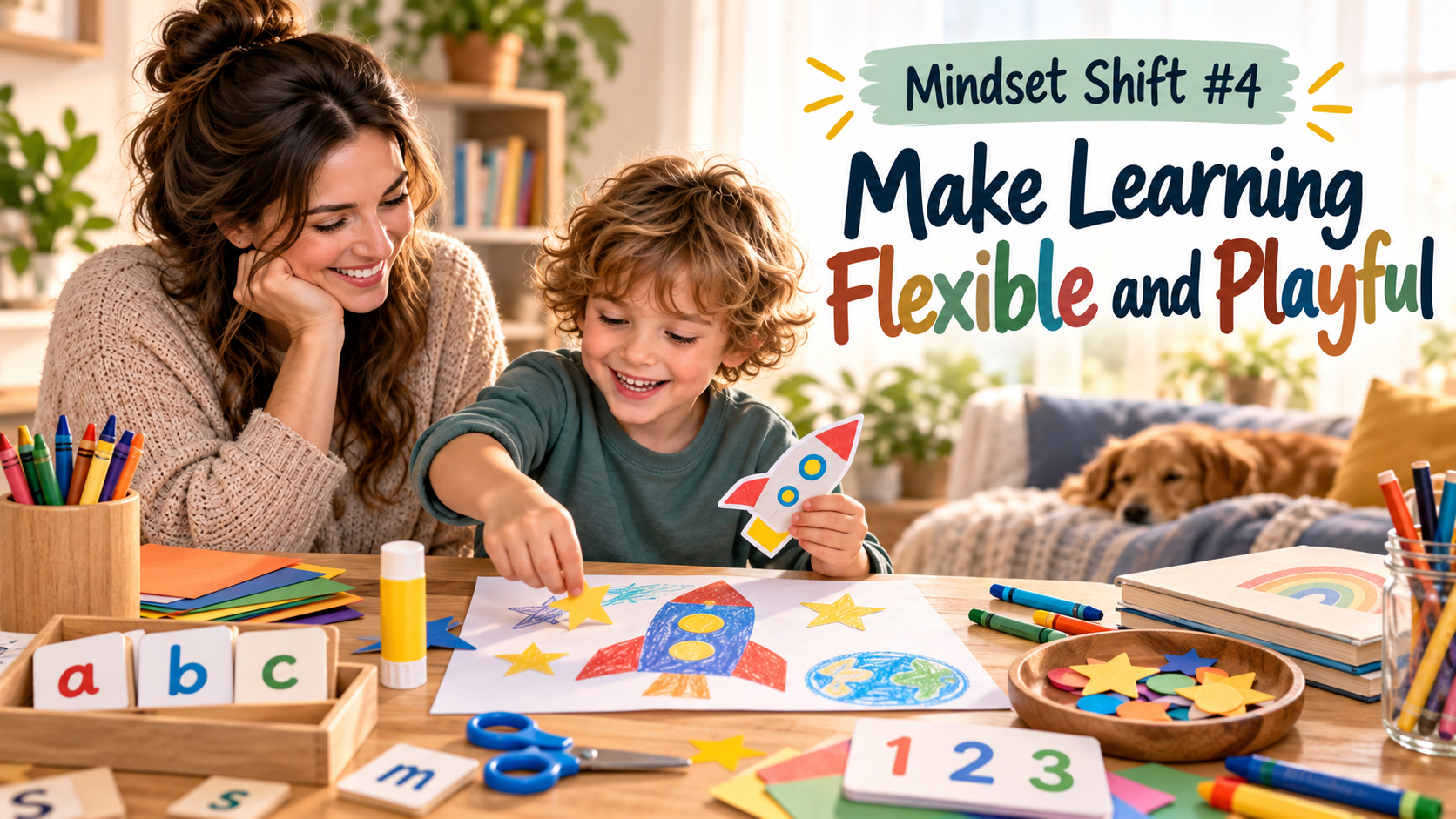 Child counting stars and gluing rockets during a hands-on space activity, showing flexible and playful homeschool learning for a neurodivergent child.