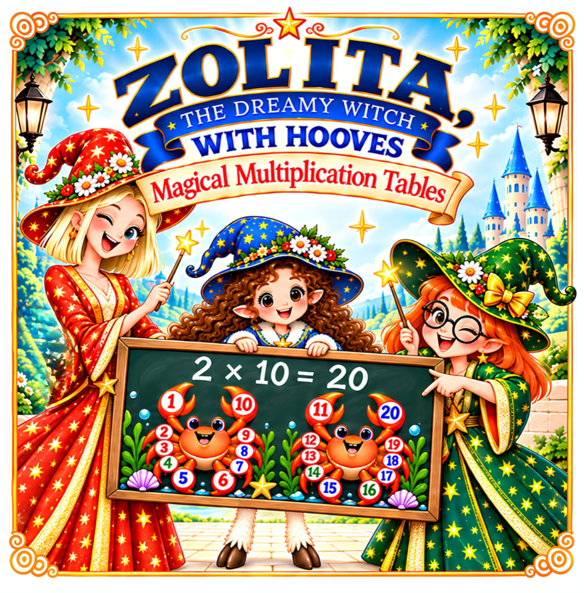 Book cover of Zolita's Magical Multiplication Tables, a colorful children's picture book featuring Zolita, a young witch with hooves, learning multiplication and times tables from 1 to 10 through magical adventures.