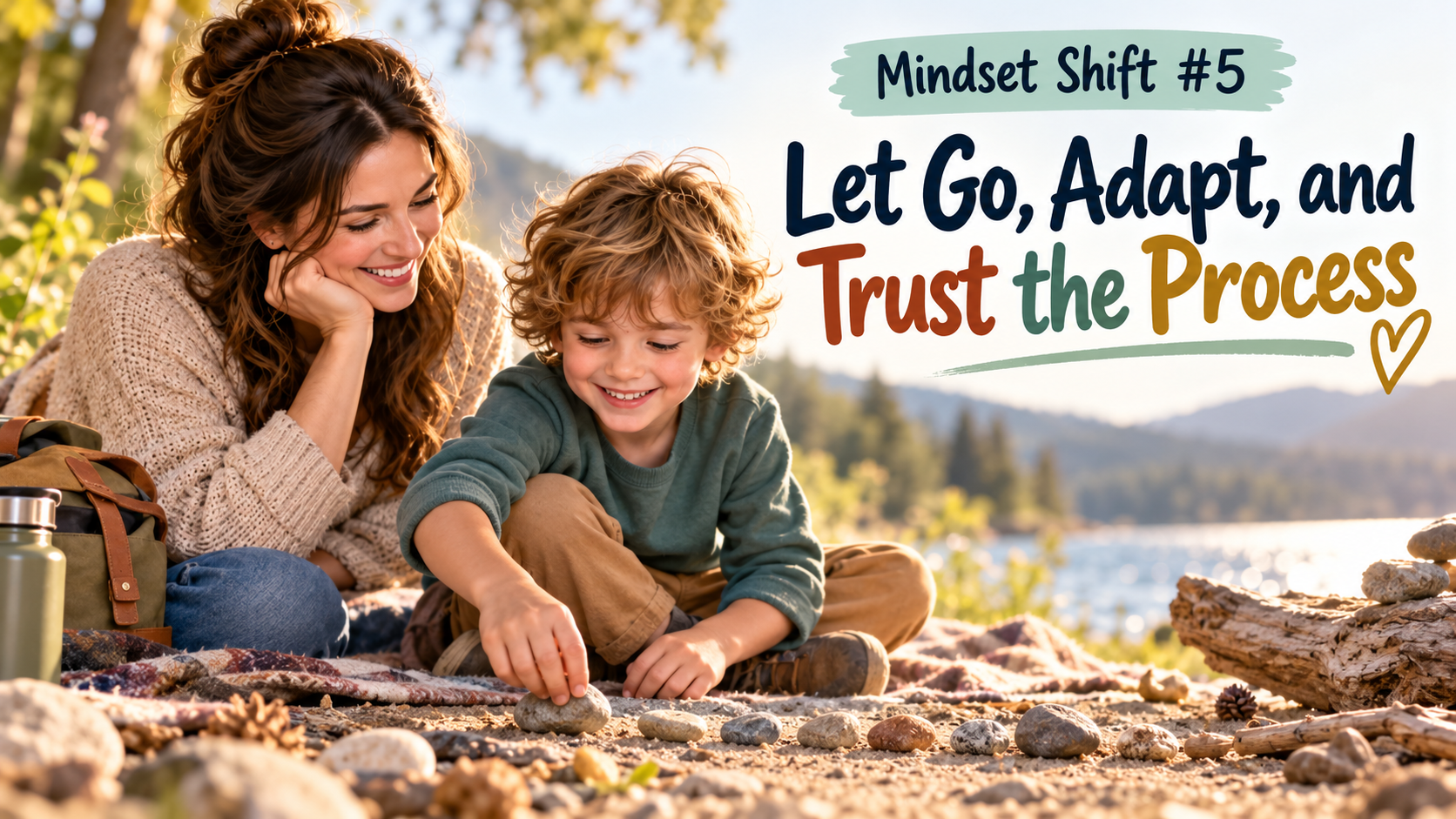 Mother watching her son explore and count rocks outside, representing letting go, adapting, and trusting the learning process while homeschooling a neurodivergent child.