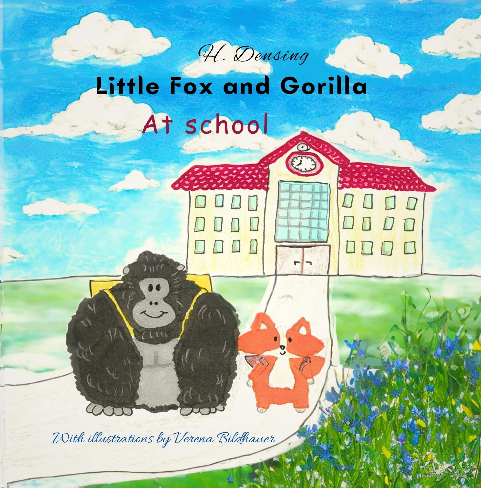 Rhyming children’s picture book “Little Fox and Gorilla – At School” featuring learning activities and alternating text colors that support early reading skills.