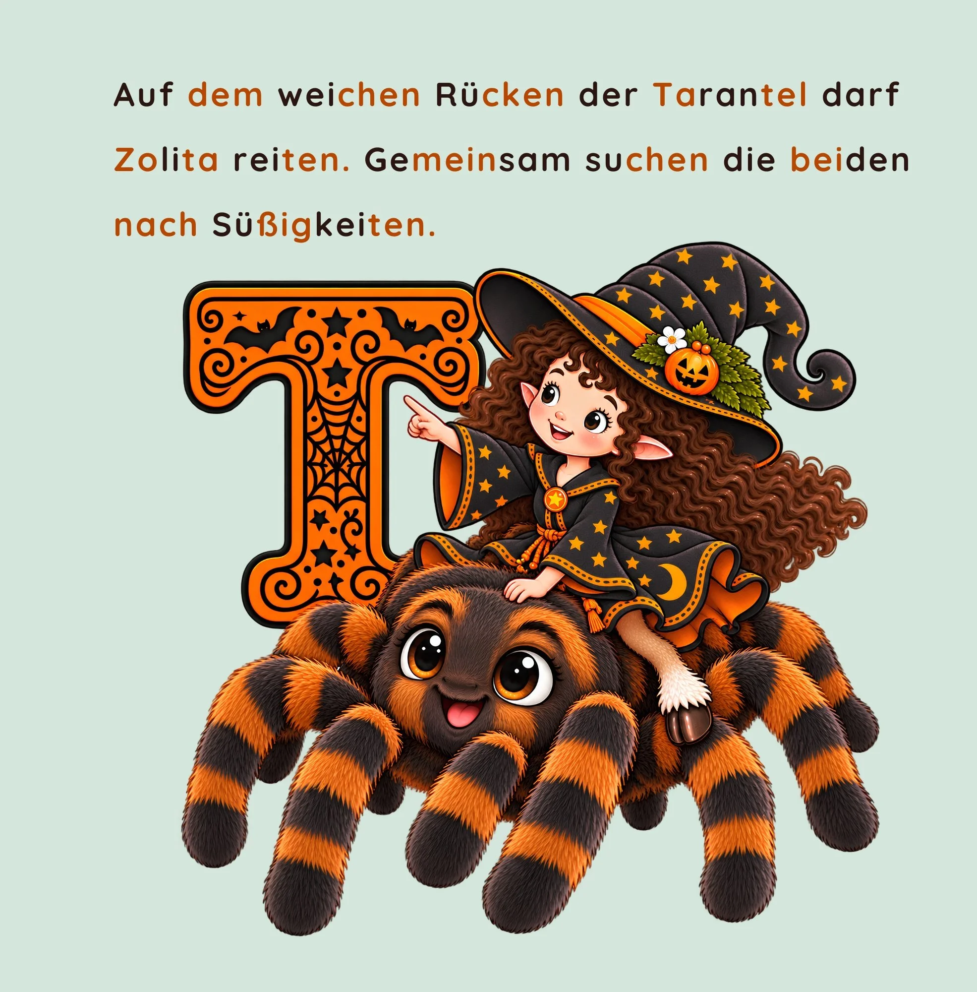 Zolita reitet auf dem weichen Rücken einer Tarantel und sucht mit ihr nach Süßigkeiten. Eine farbenfrohe Illustration aus dem deutschen Halloween-Kinderbuch „Zolita, die verträumte Hexe mit Hufen“.