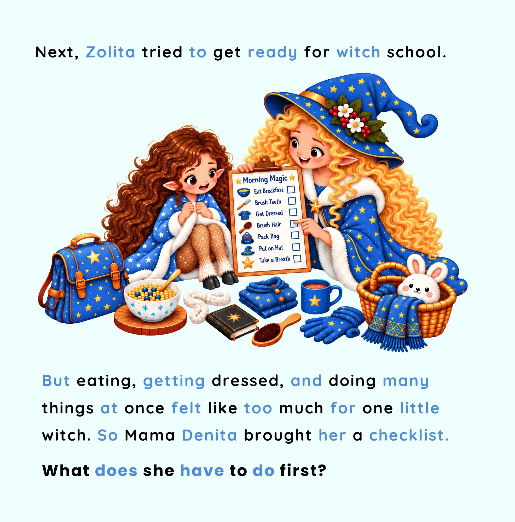 Mother helping a little witch use a morning checklist to get ready for school one step at a time.