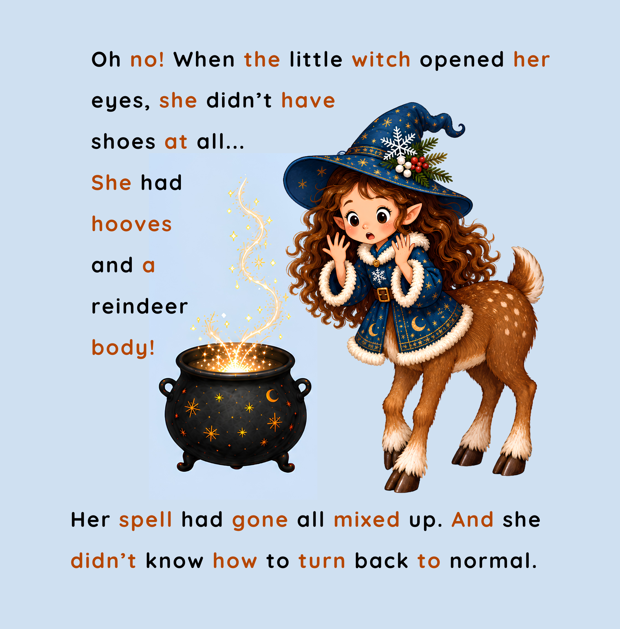 Children’s picture book illustration of Zolita, a little witch with hooves and a reindeer body after a mixed-up magic spell.