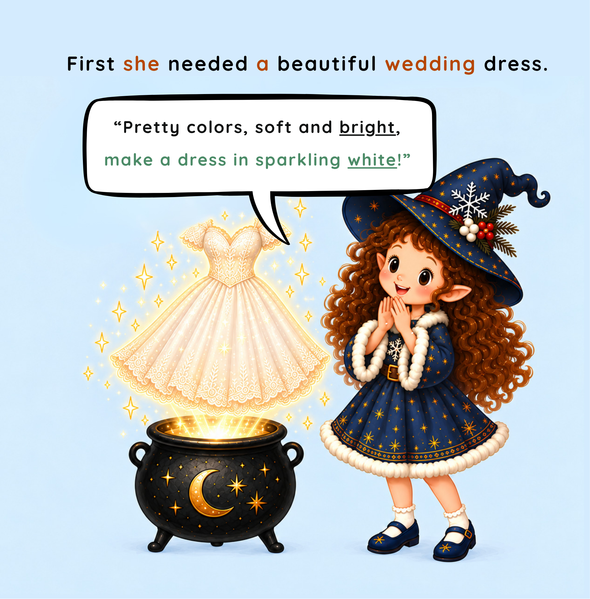 Children’s picture book illustration of a little witch using a magic pot to make a sparkling wedding dress for her magical wedding adventure.