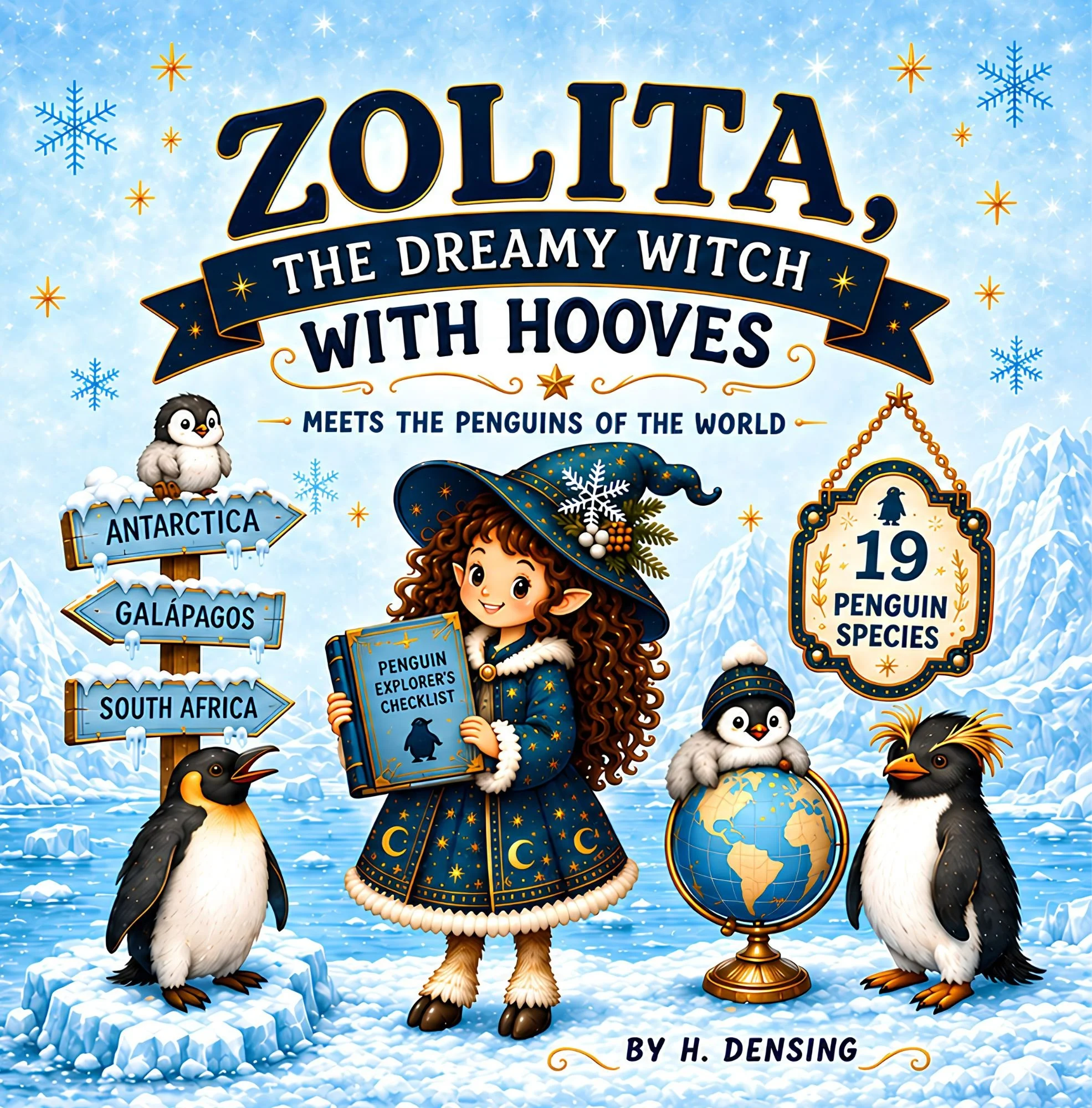 Front cover of Zolita, the Dreamy Witch With Hooves: Meets the Penguins of the World, showing Zolita with penguins in a colorful magical polar adventure.