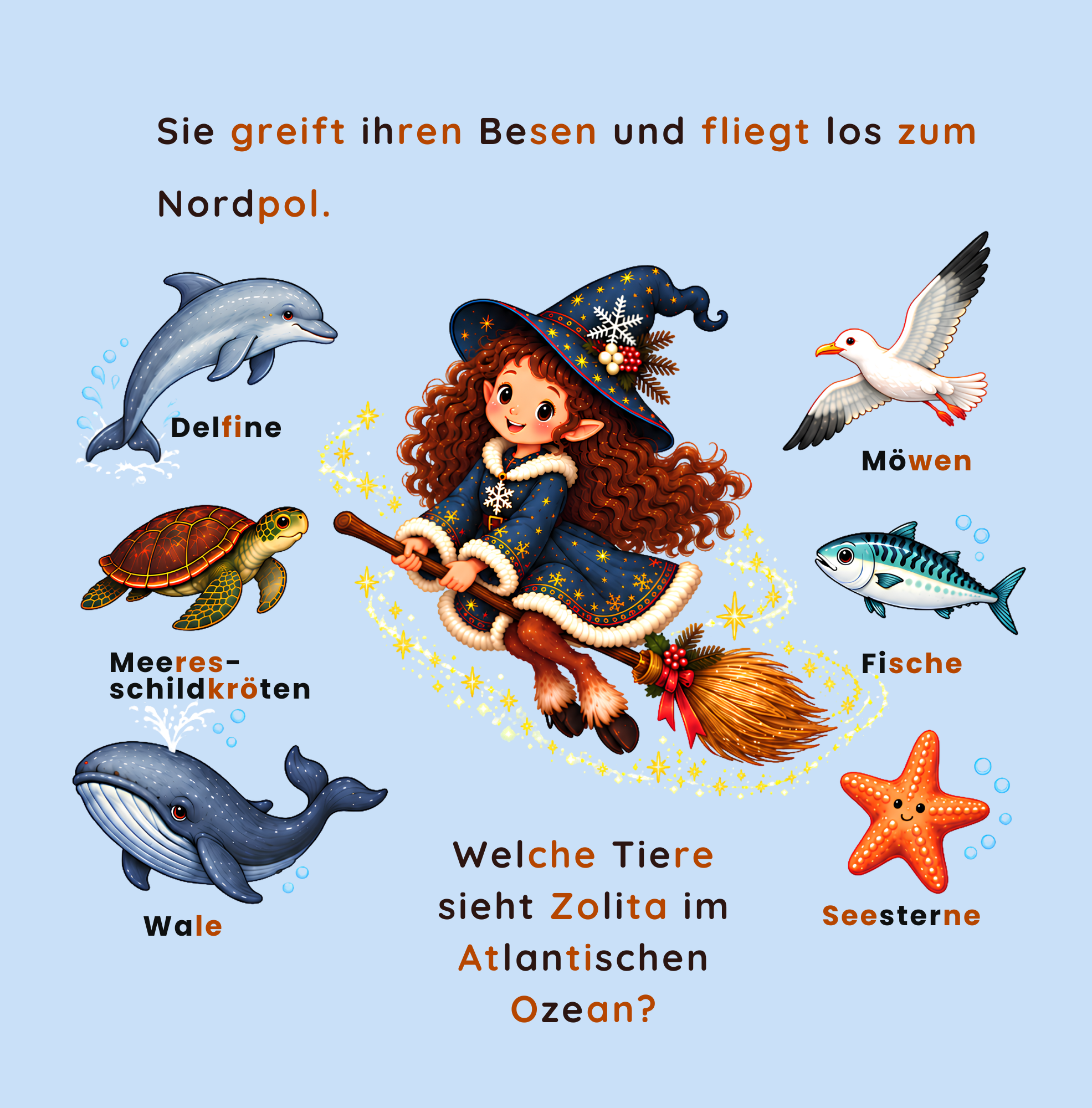Kleine Hexe fliegt über den Atlantik und Kinder entdecken Tiere im Meer
