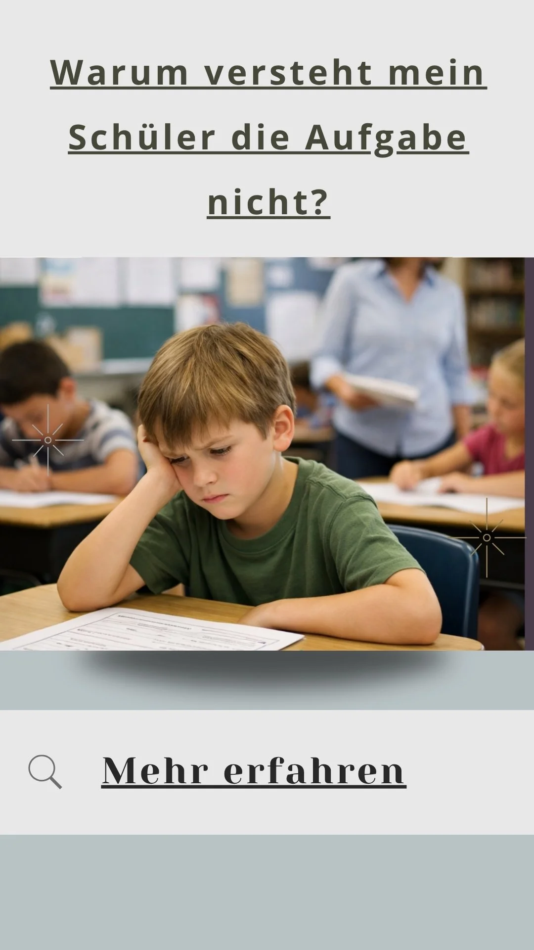 Schüler versteht Aufgabe im Unterricht nicht und sitzt unsicher vor Arbeitsblatt, während Lehrkraft im Hintergrund ist
