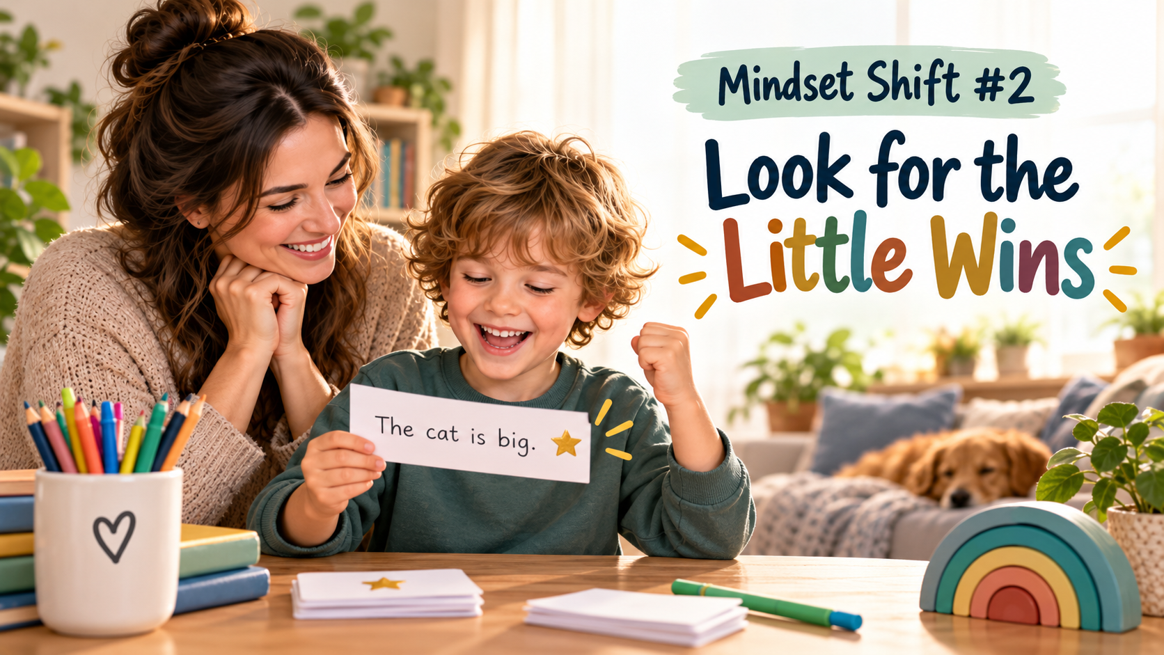 Mother smiling proudly as her son cheers after reading successfully during homeschool, showing the importance of noticing little wins in neurodivergent learning.