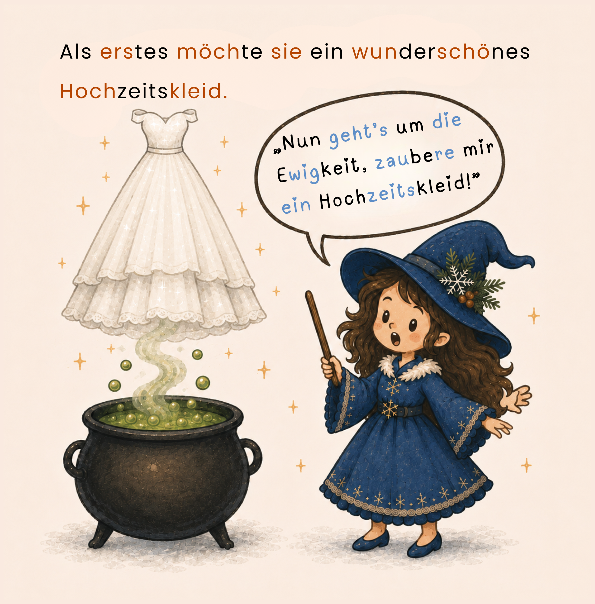 Kleine Hexe zaubert ein Hochzeitskleid in einem fantasievollen Kinderbuch