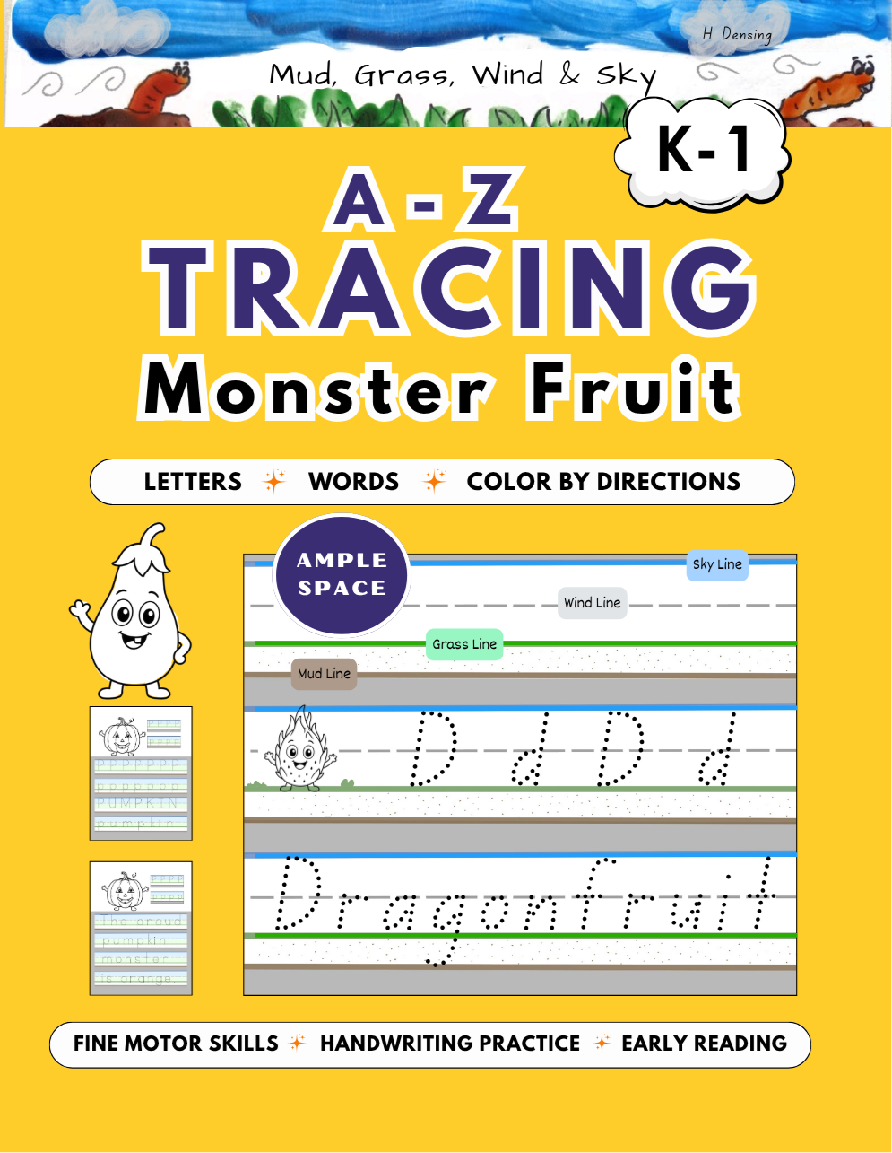 Monster fruits handwriting tracing workbook designed for beginner writers and children with fine motor difficulties or dysgraphia practicing letters and words.