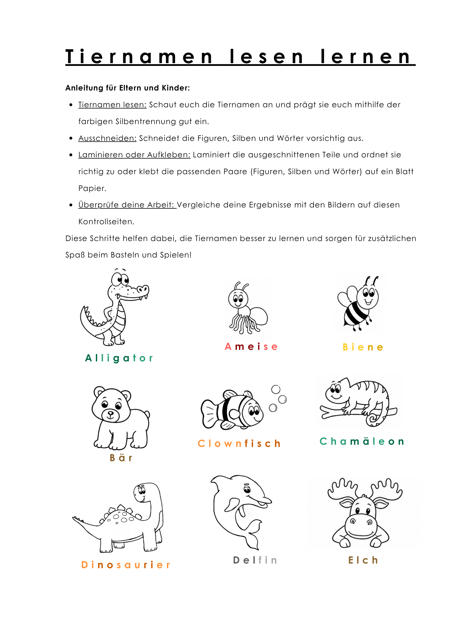 Mit farbiger Silbentrennung können Kinder Tiernamen Schritt für Schritt lesen, Silben erkennen und neue Wörter leichter erfassen.