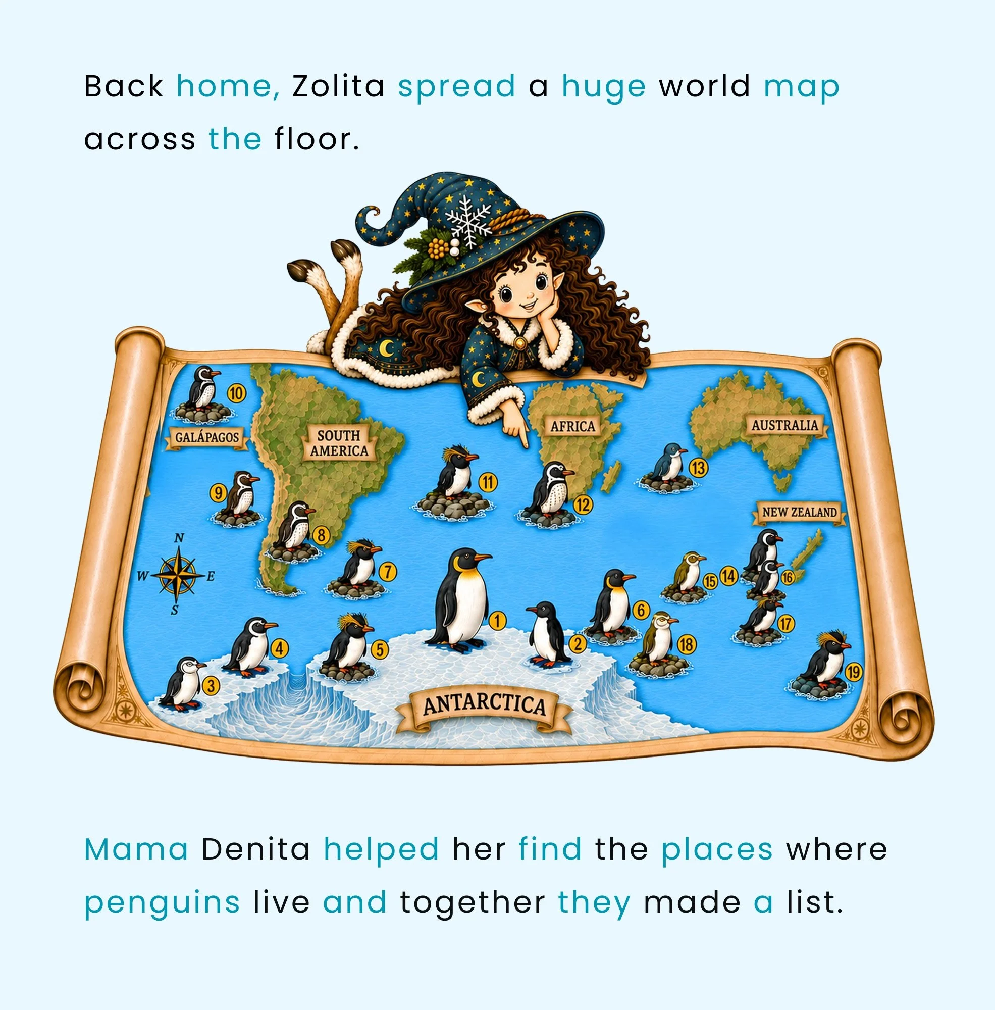 Zolita the little witch looking over a world map showing 19 penguin species and where they live across Antarctica, South America, Africa, Australia, New Zealand, and the Galápagos Islands.