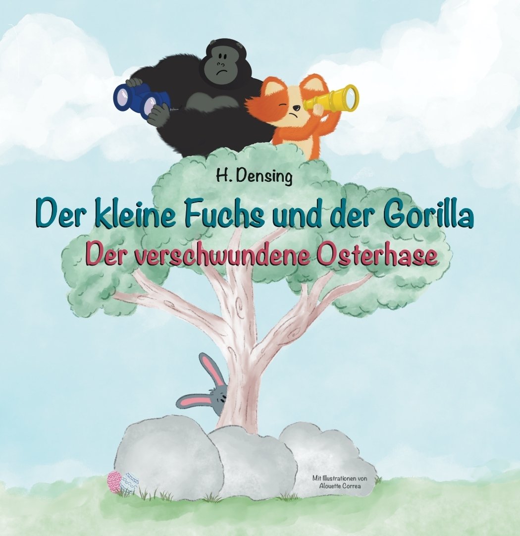 Kinderbuchcover mit kleinem Fuchs, Gorilla und verschwundenem Osterhasen