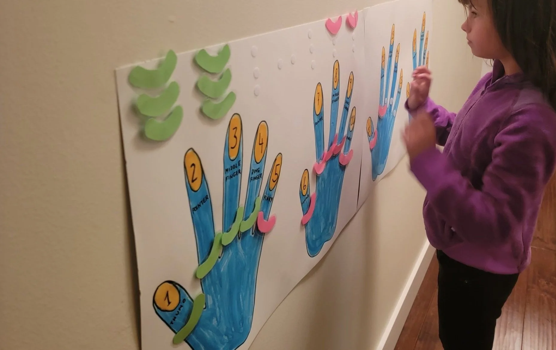 Hands-on math activity poster showing visual learning strategies to support counting, addition, subtraction, and number understanding