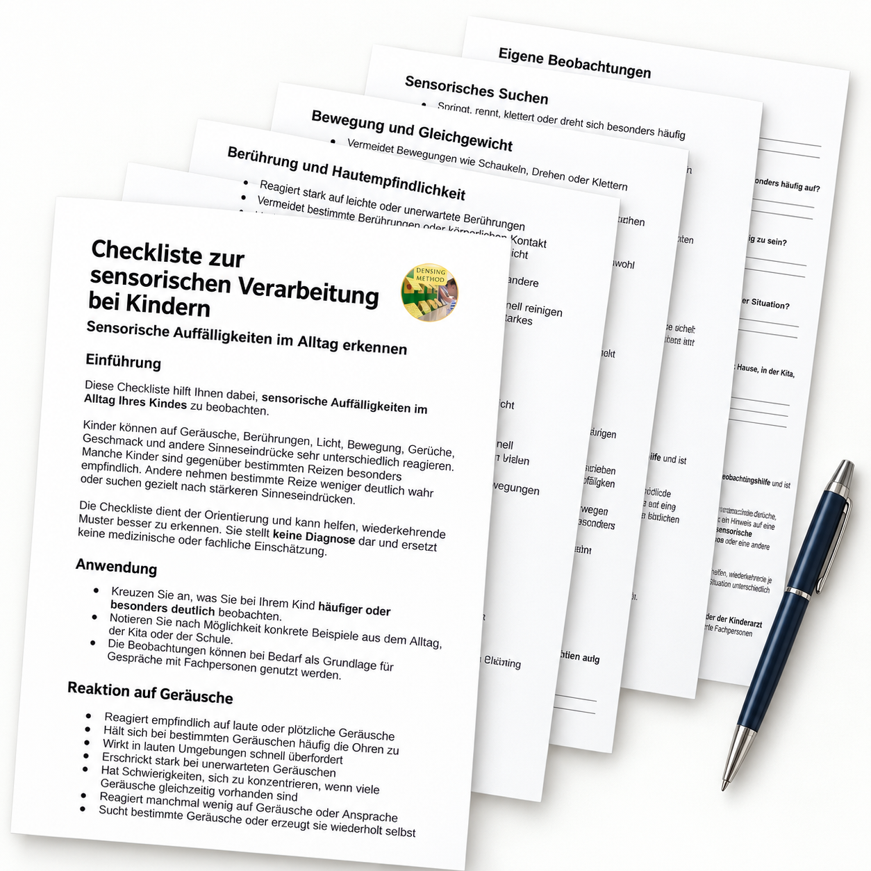 Vorschau der Checkliste zur sensorischen Verarbeitung bei Kindern mit mehreren Seiten