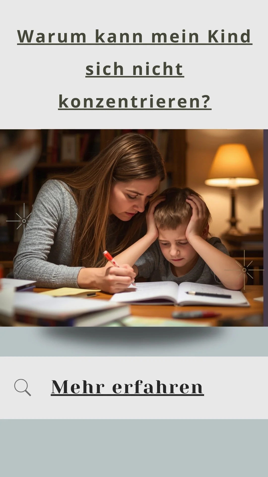 Kind hat Schwierigkeiten sich bei den Hausaufgaben zu konzentrieren, Mutter hilft ruhig am Tisch
