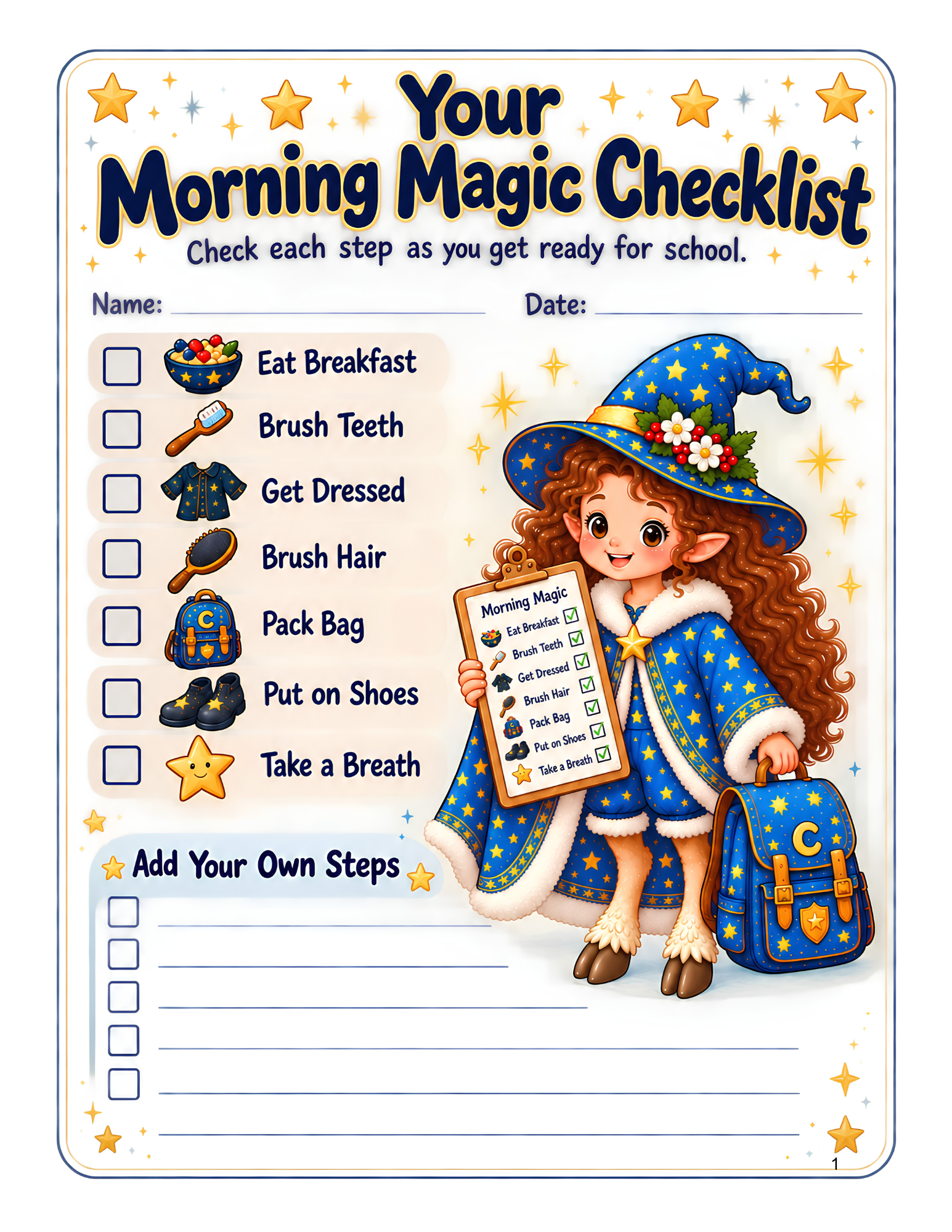 Free printable morning routine checklist for kids with school readiness steps, checkboxes, and space for parents to add their own routine items.