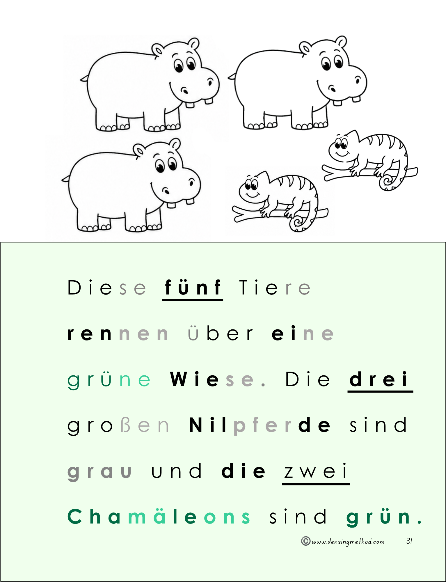 Mit farbiger Silbentrennung, Bildern und visuellen Hilfen lernen Kinder, Zahlen, Farben und kurze Tiergeschichten Schritt für Schritt zu lesen.