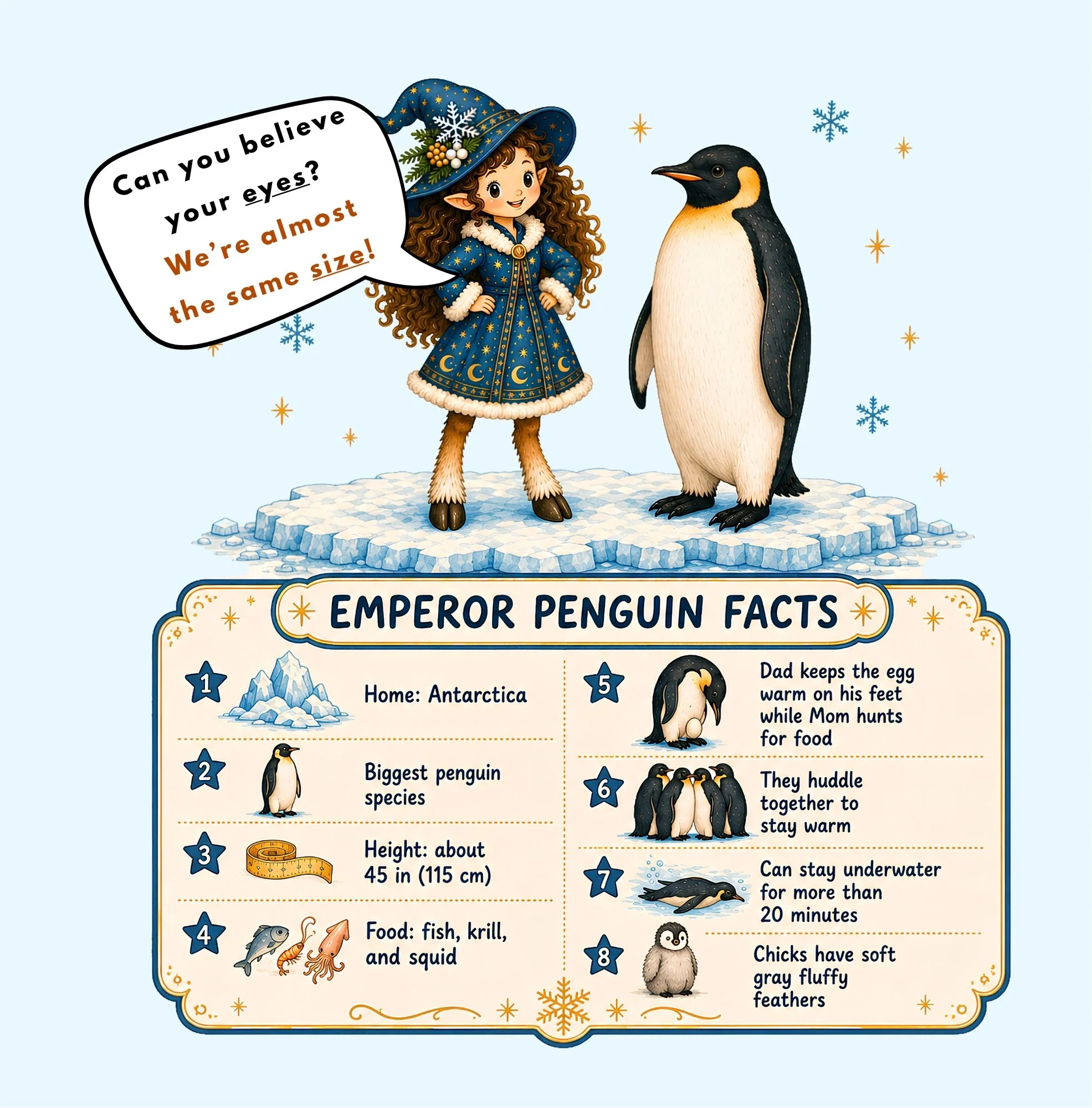 Zolita standing beside an Emperor penguin above an illustrated fact sheet with child-friendly facts about its Antarctic habitat, size, diet, egg care, huddling behavior, diving ability, and chicks.