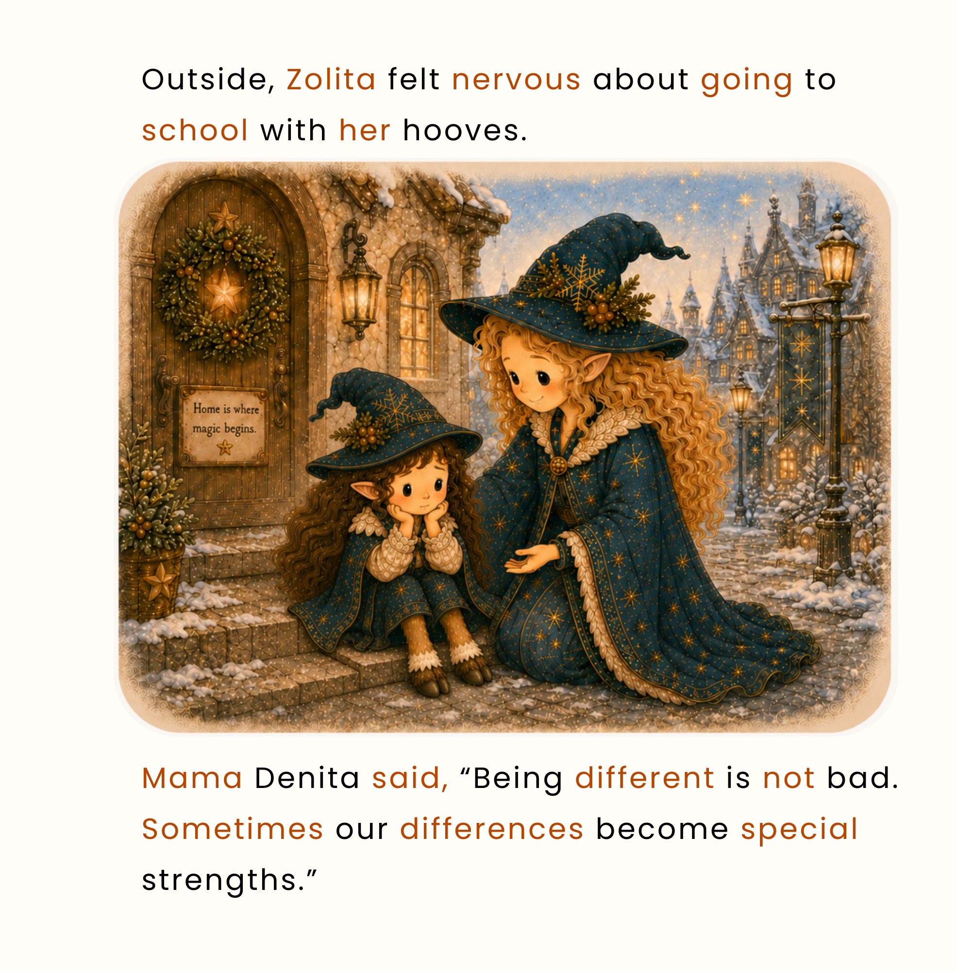 Children’s picture book illustration of a mother comforting a child who feels anxious about going to school looking different and helping her feel calm and ready for the day.